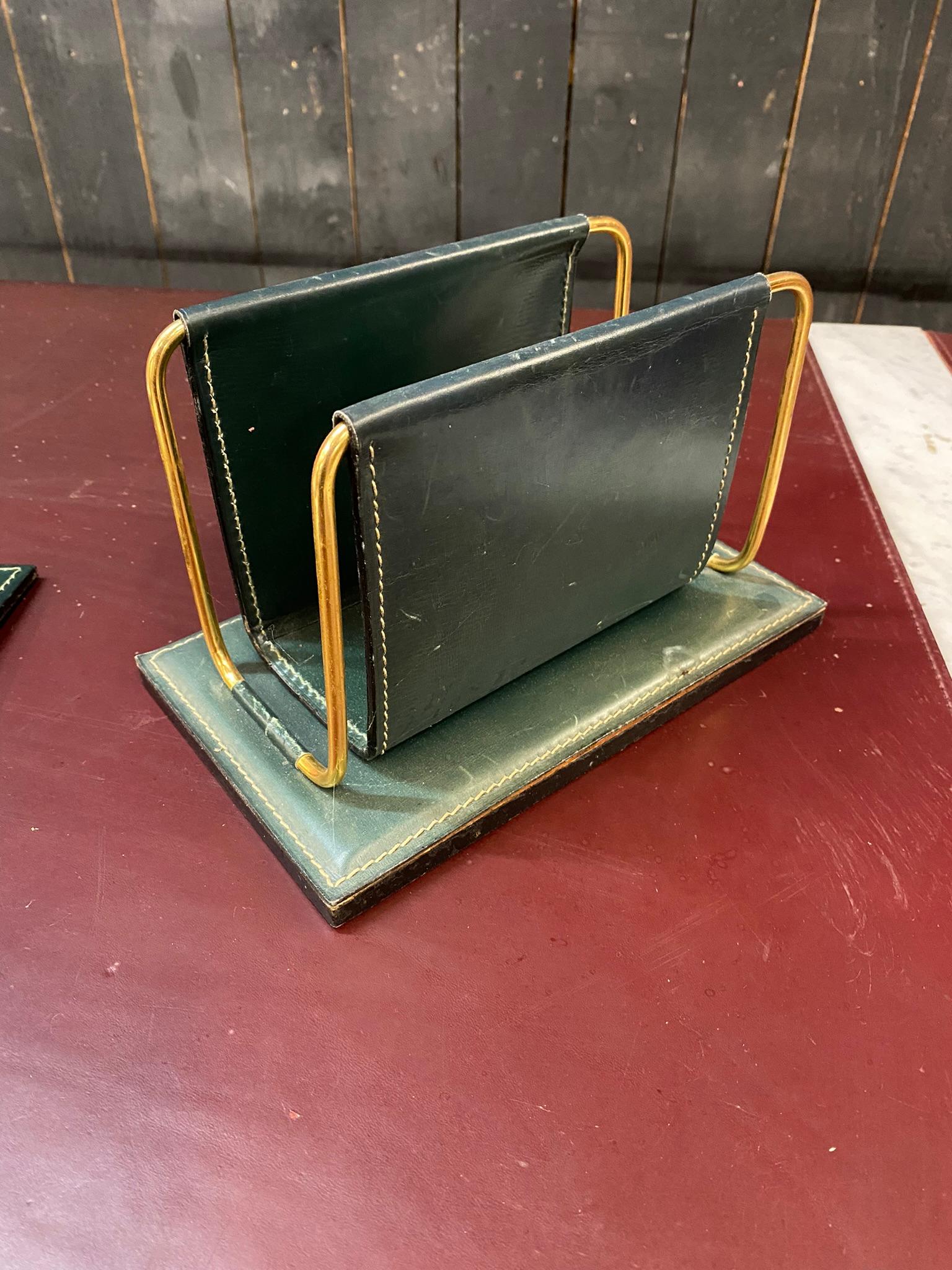 Brass Green Leather Desk Set by Jacques Adnet, France, 1950s For Sale