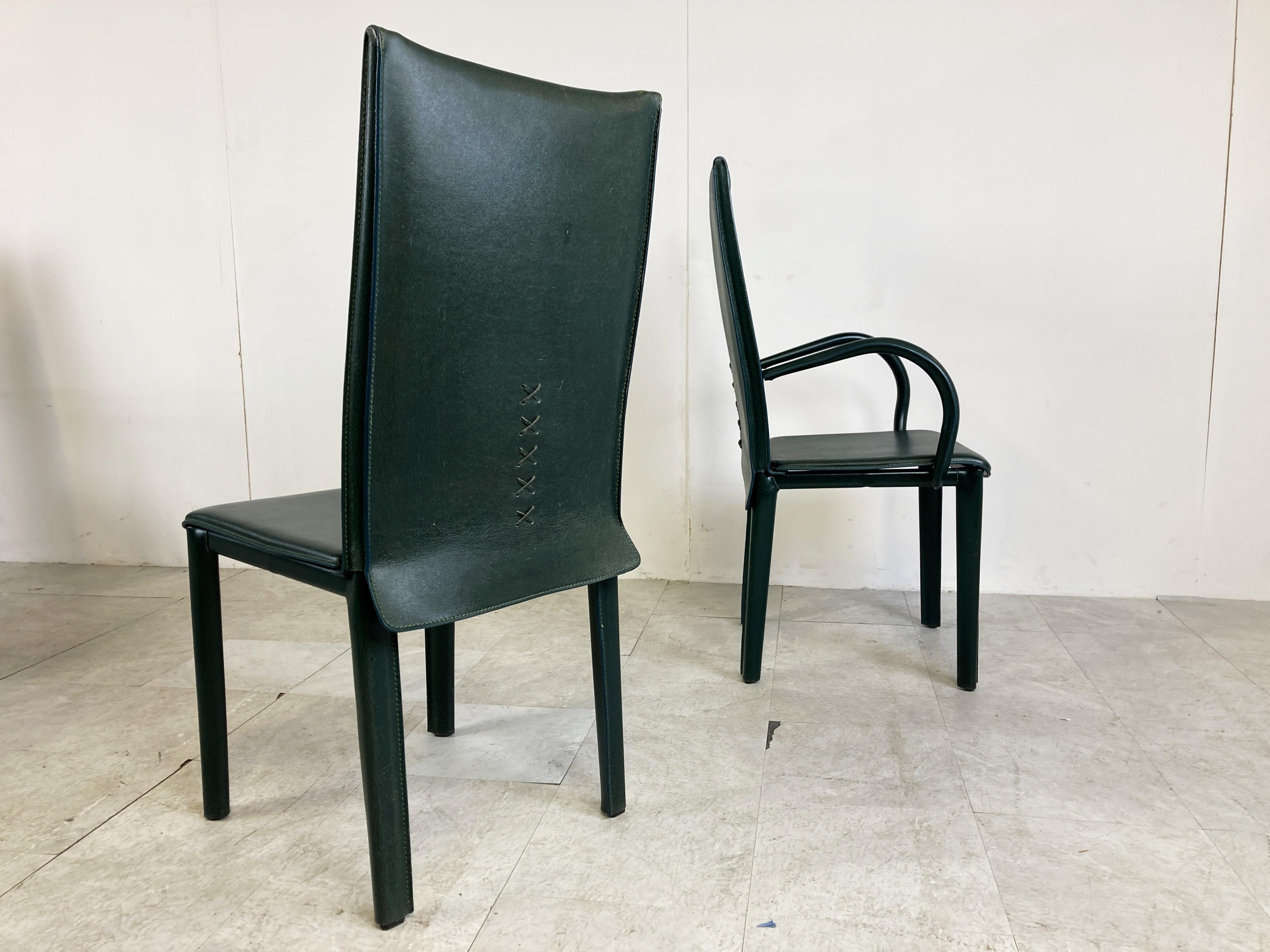 Green leather dining chairs by Arper italy, 1980s 3