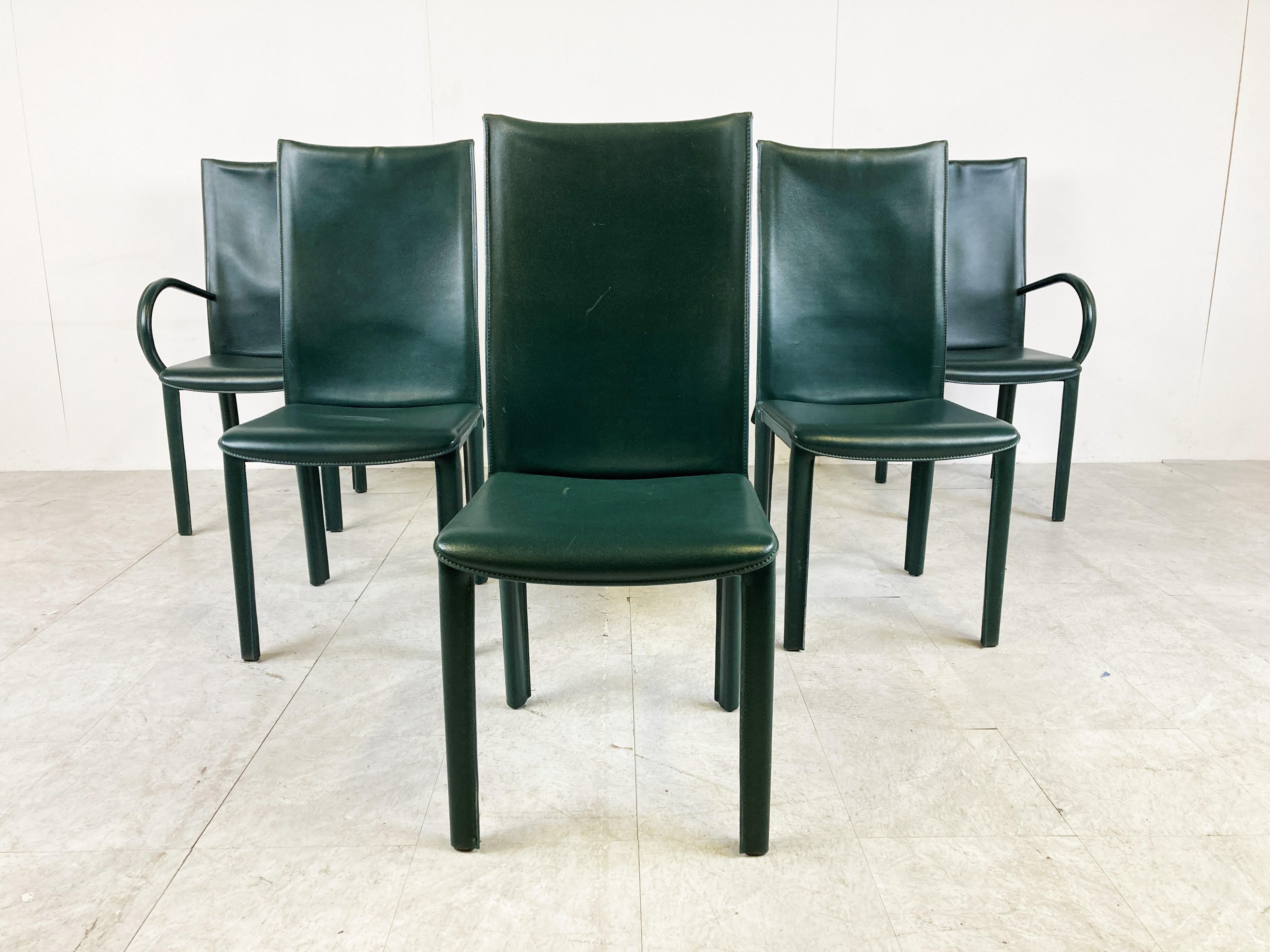 Mid-Century Modern Green leather dining chairs by Arper italy, 1980s