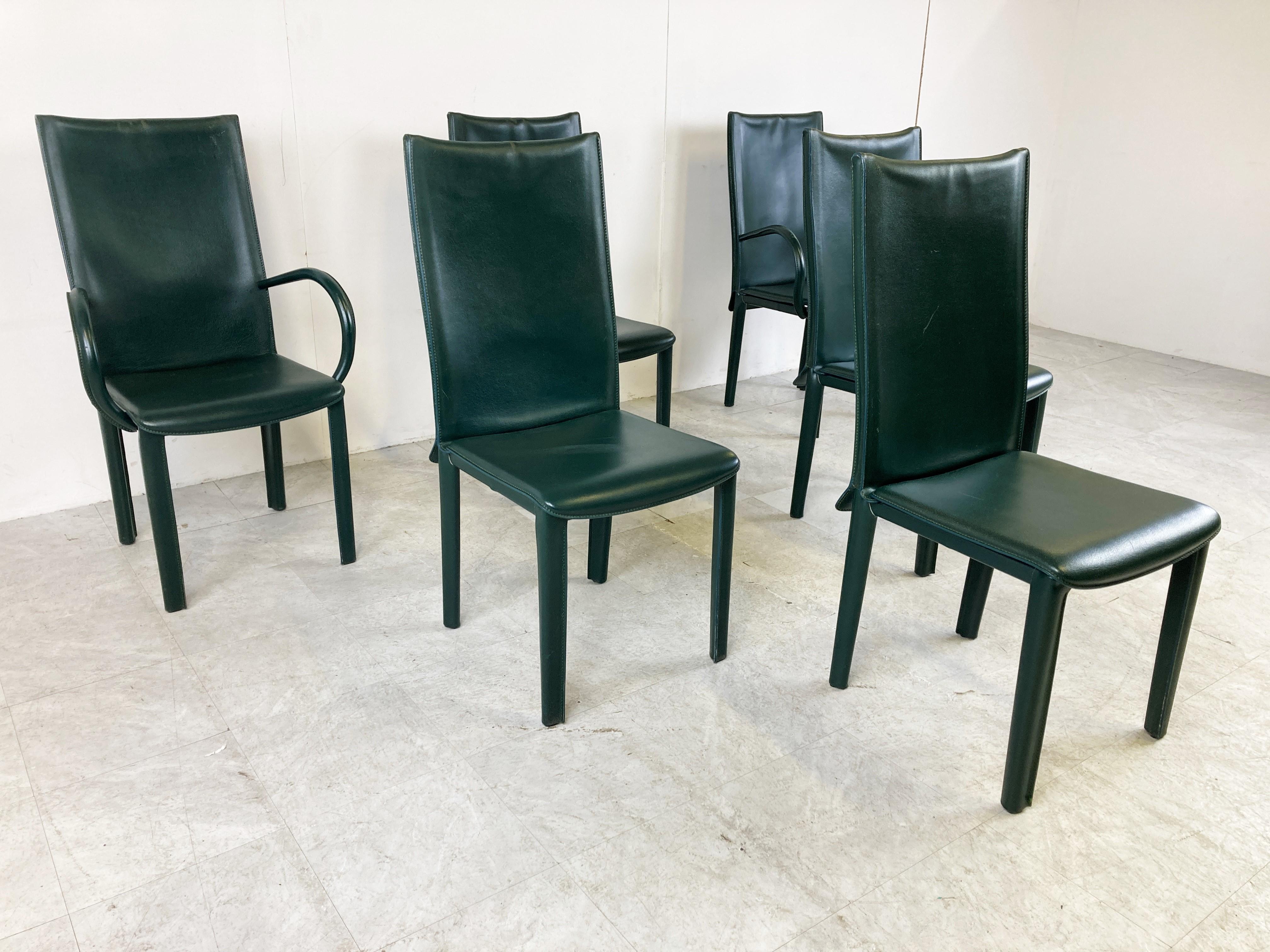 Italian Green leather dining chairs by Arper italy, 1980s