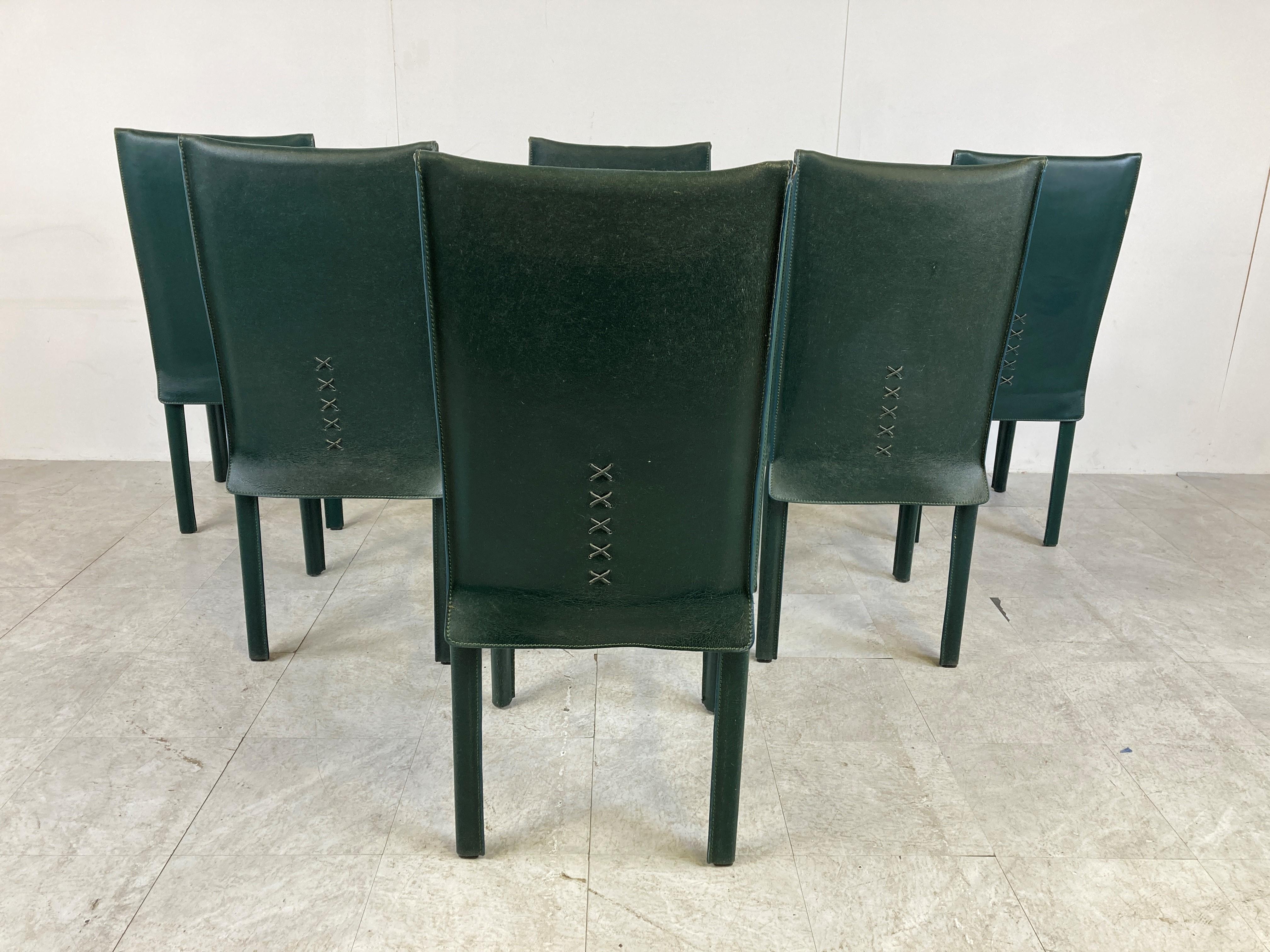Green leather dining chairs by Arper italy, 1980s In Good Condition In Leuven, Vlaams Gewest