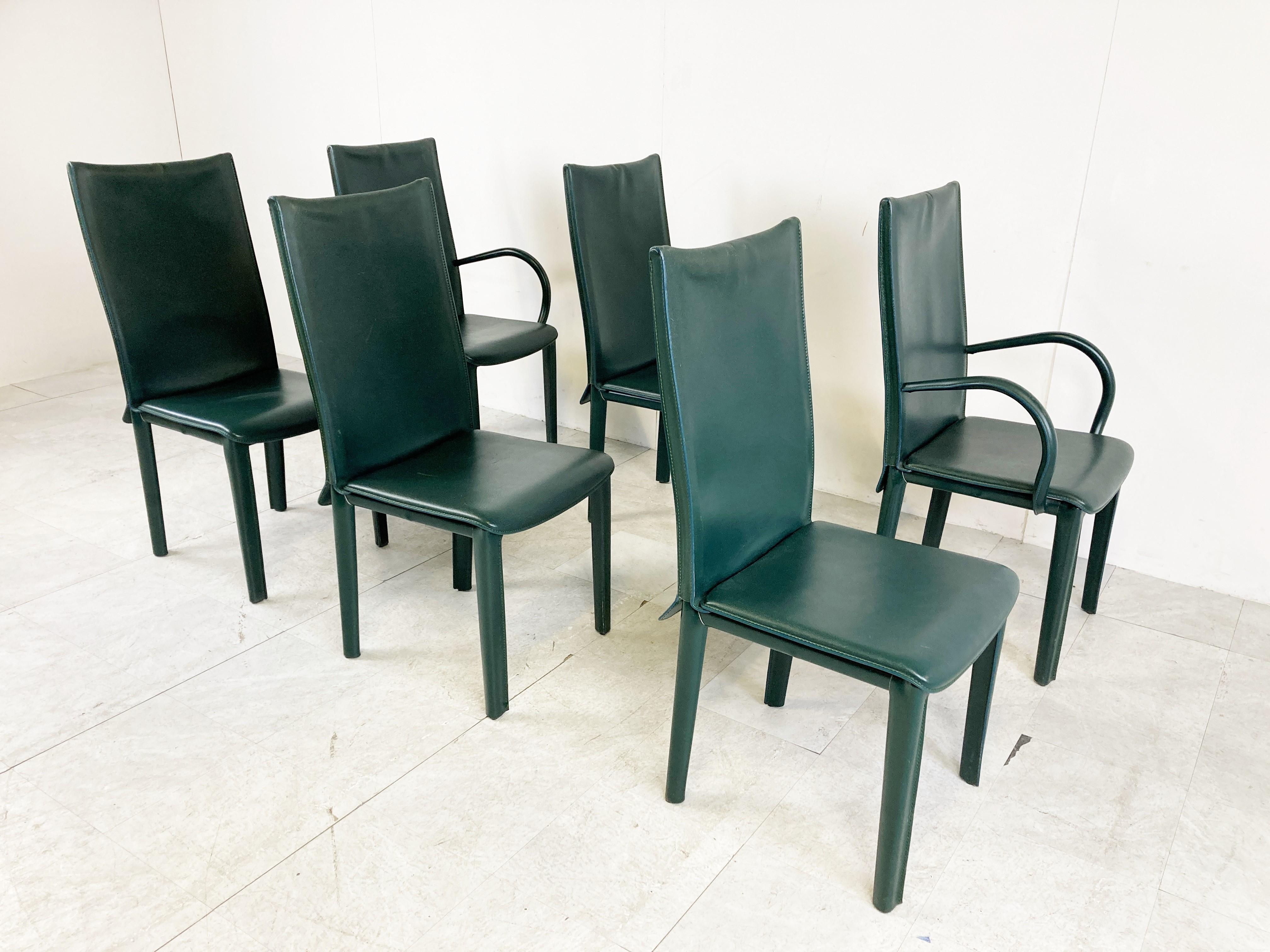 Leather Green leather dining chairs by Arper italy, 1980s