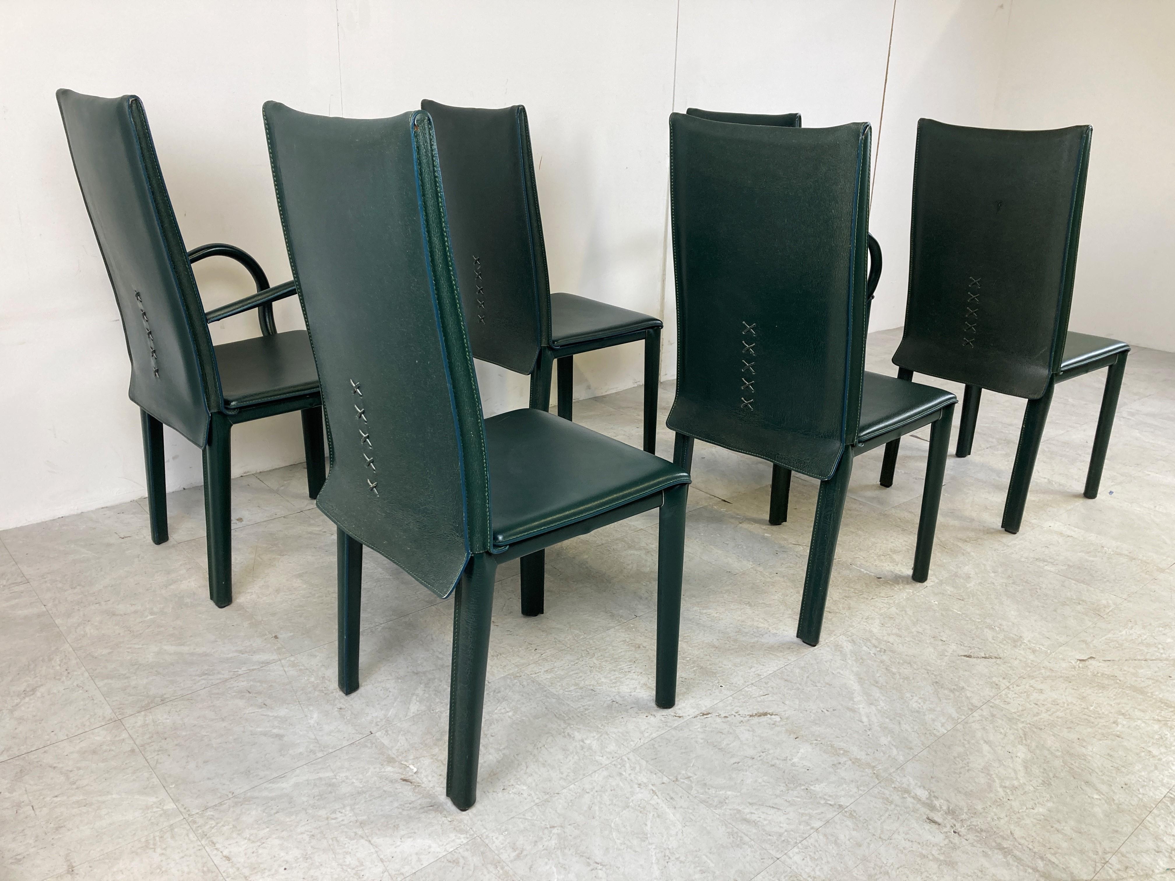 Green leather dining chairs by Arper italy, 1980s 1