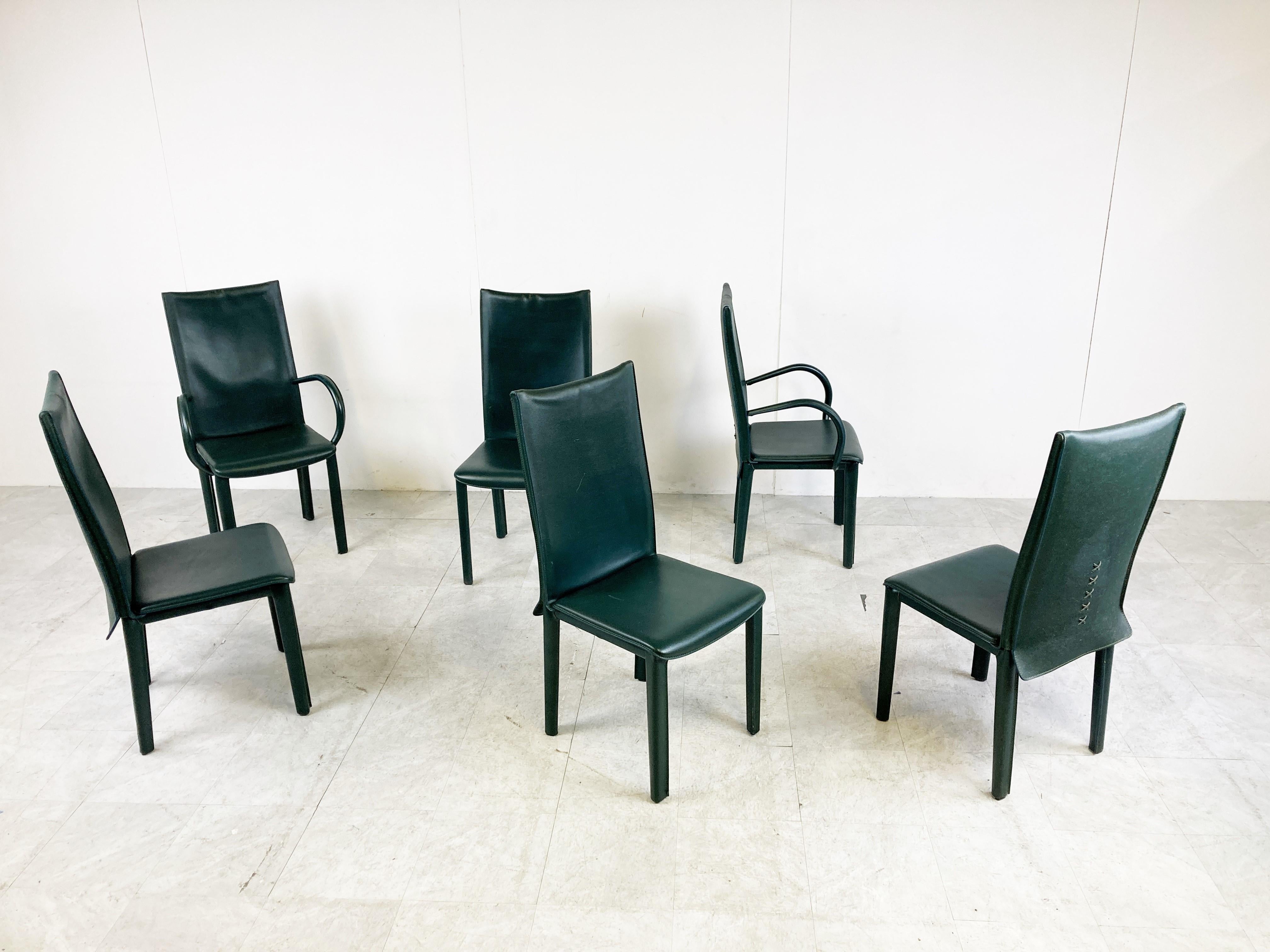 Green leather dining chairs by Arper italy, 1980s 2
