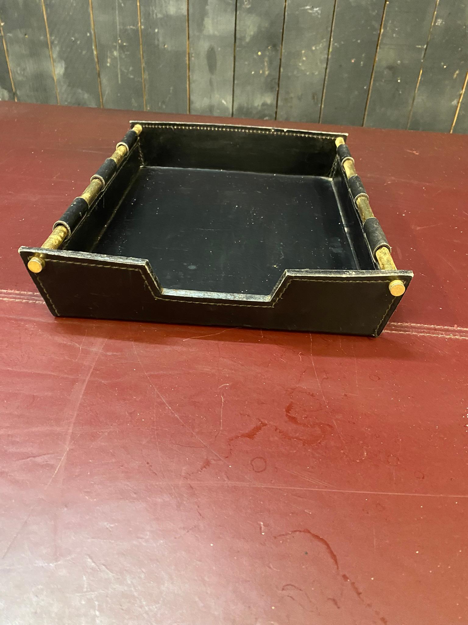 Green leather documents tray by Jacques Adnet, France, 1950s.