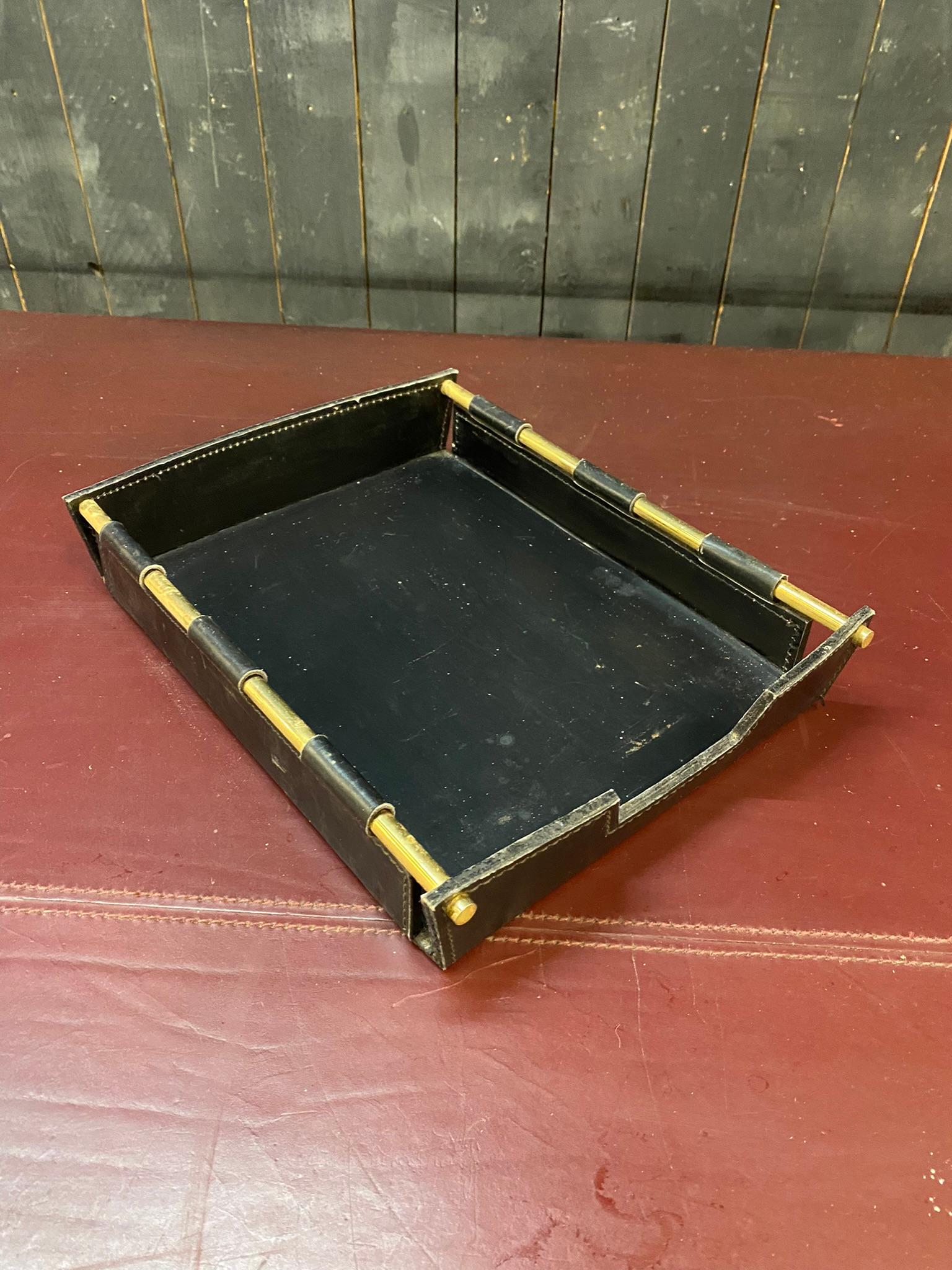 Mid-Century Modern Green Leather Documents Tray by Jacques Adnet, France, 1950s For Sale