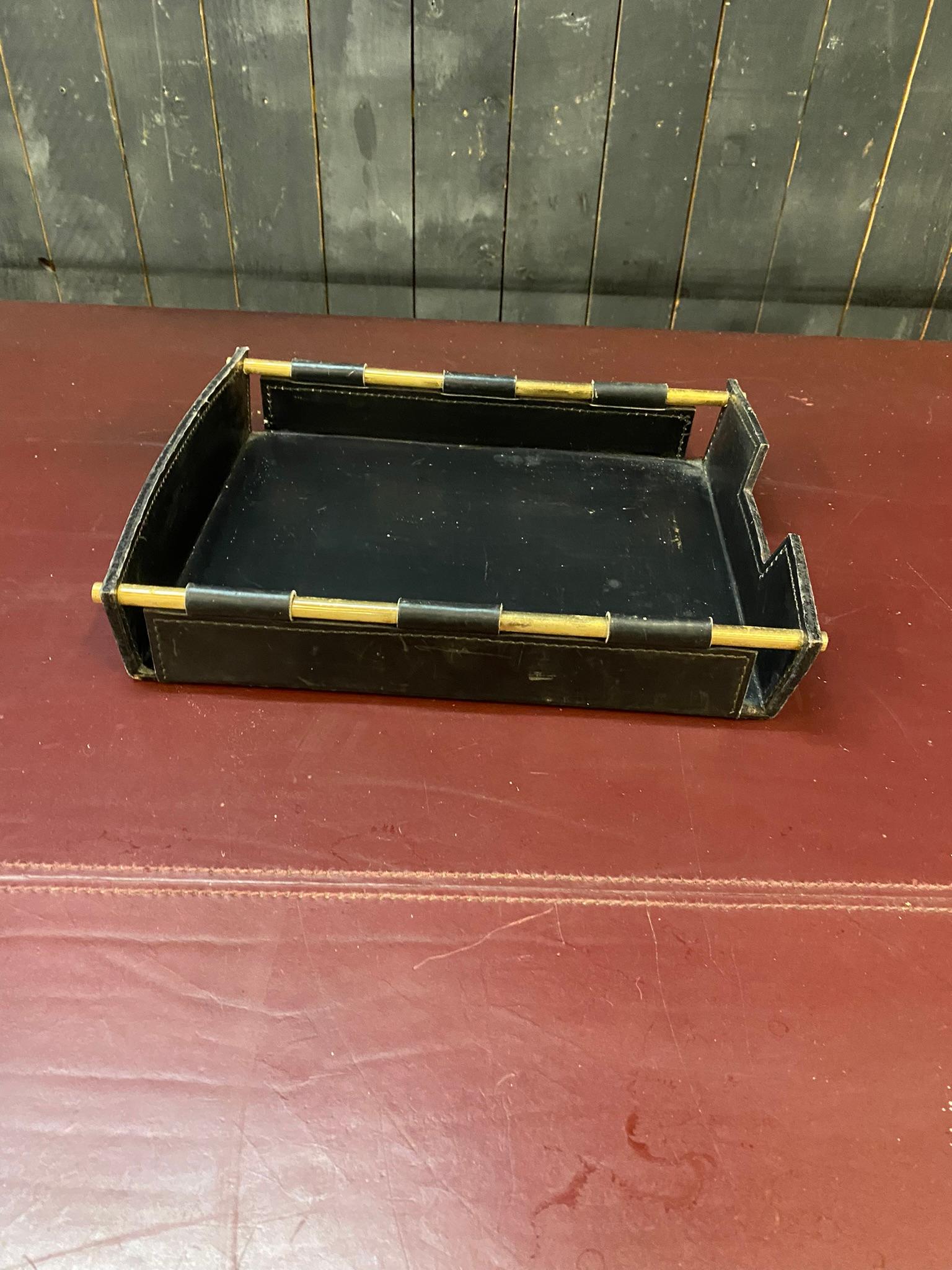 French Green Leather Documents Tray by Jacques Adnet, France, 1950s For Sale