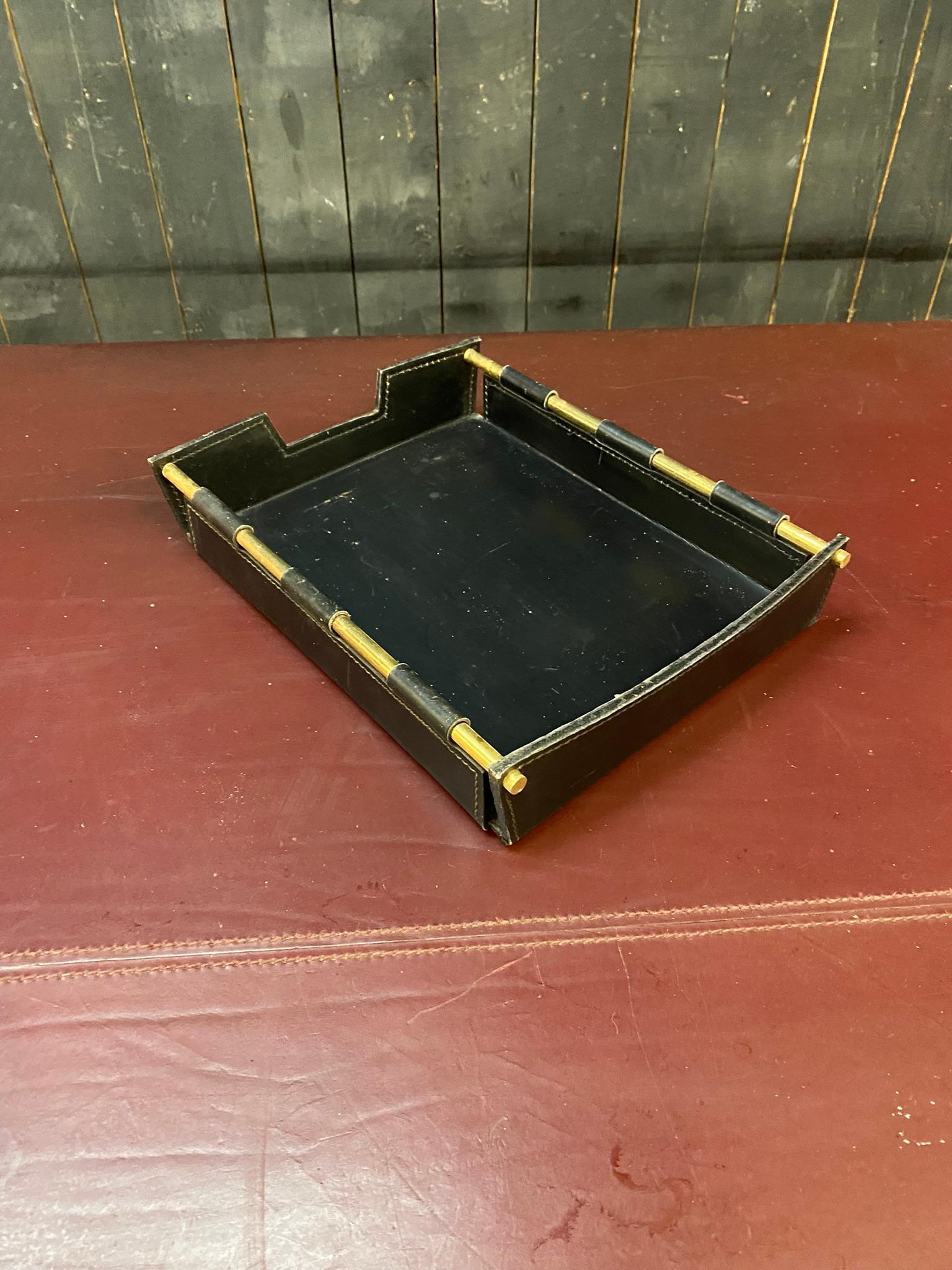 Mid-20th Century Green Leather Documents Tray by Jacques Adnet, France, 1950s For Sale