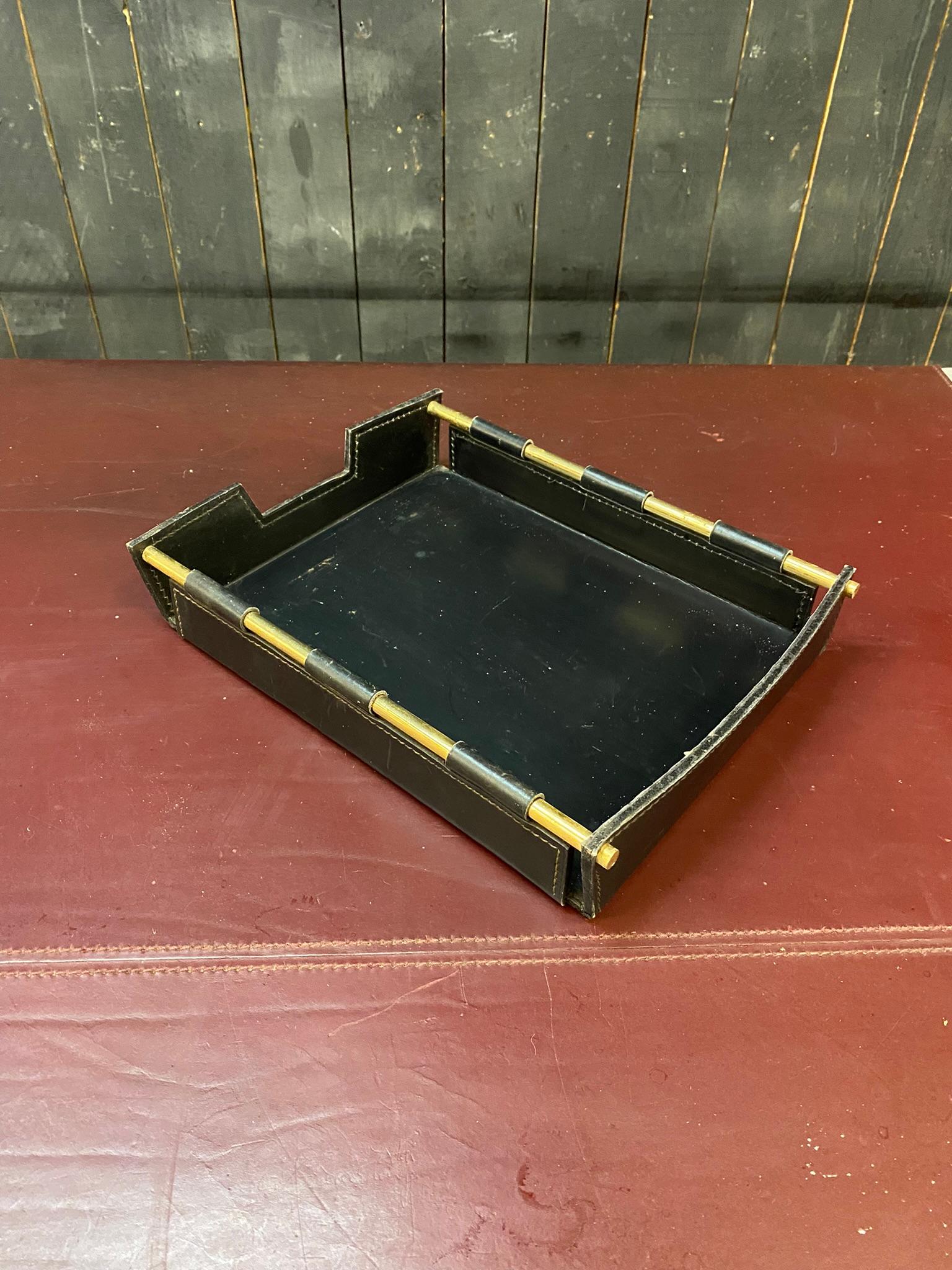 Brass Green Leather Documents Tray by Jacques Adnet, France, 1950s For Sale
