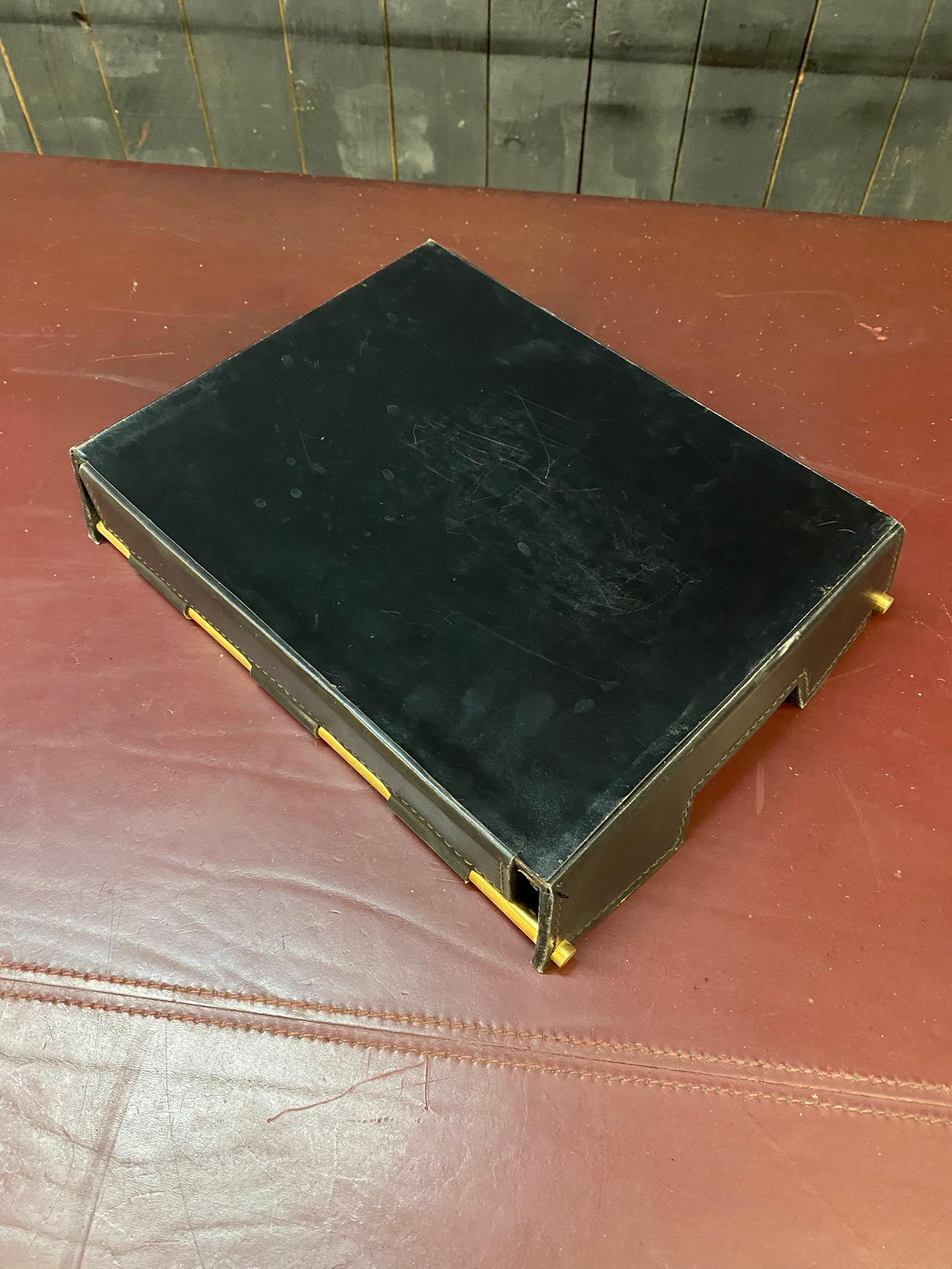 Green Leather Documents Tray by Jacques Adnet, France, 1950s For Sale 1