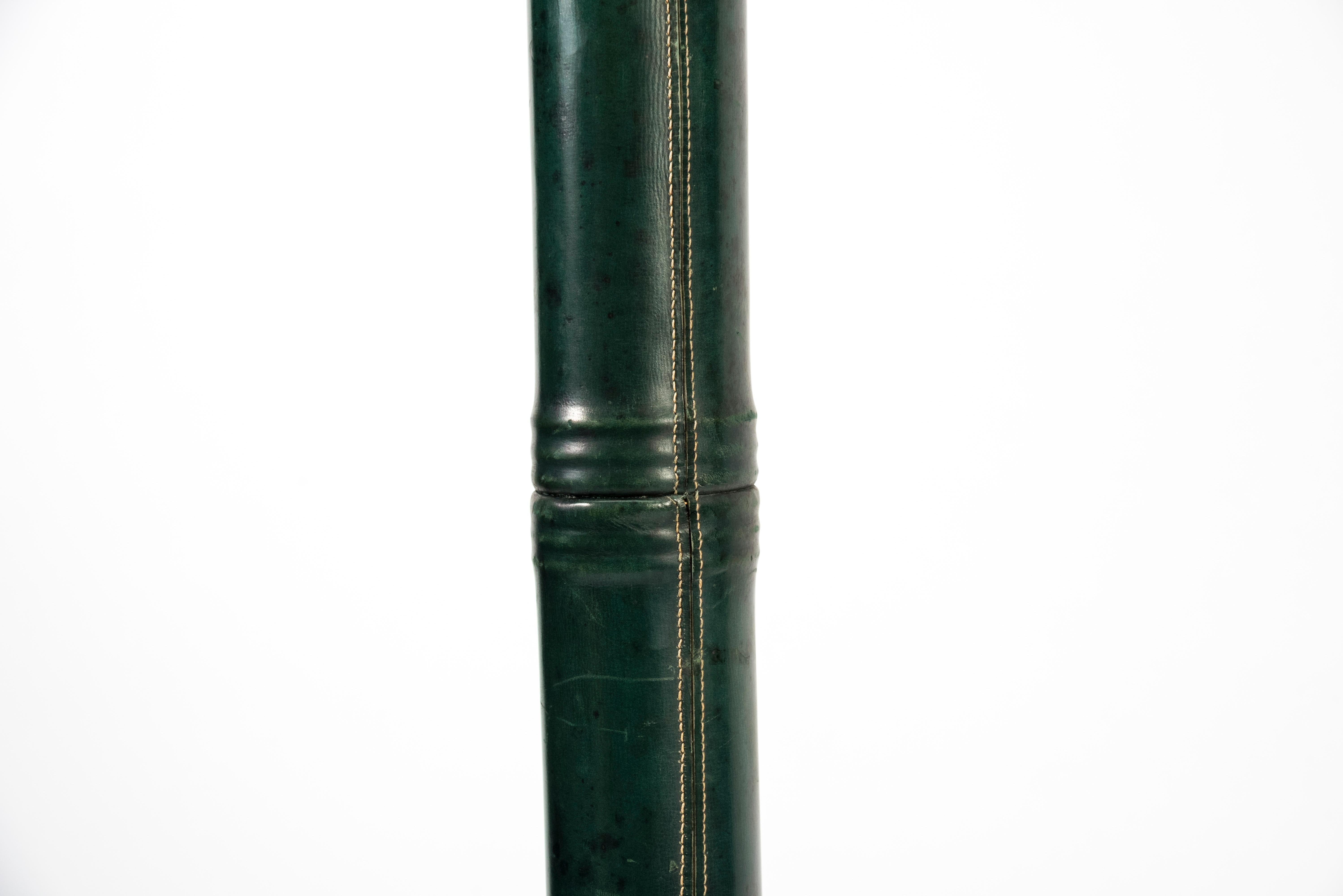 French Green Leather Floor Lamp Attributed to Hermes Paris For Sale