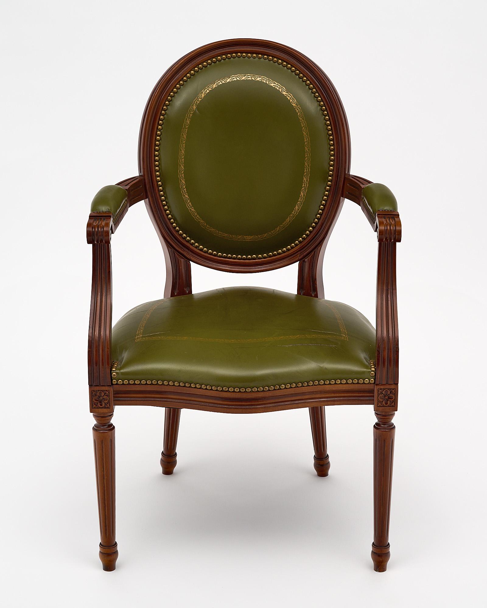 Green Leather French Antique Armchair For Sale at 1stDibs
