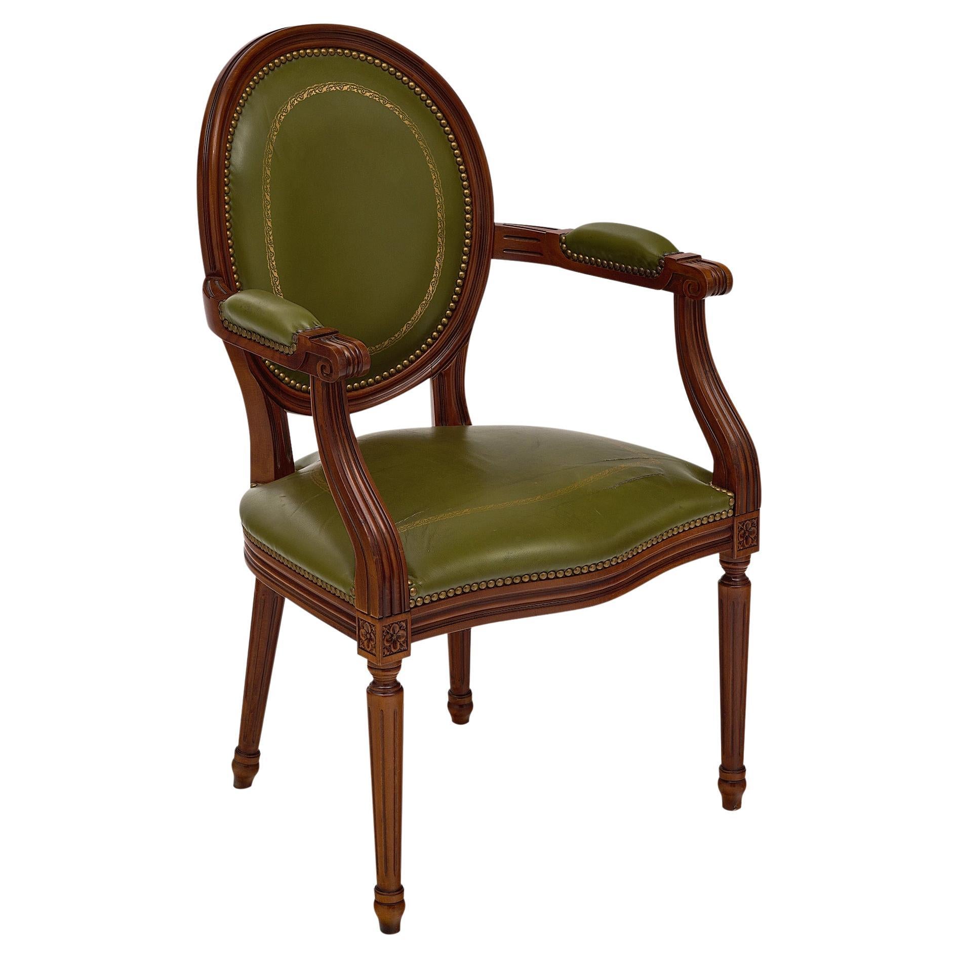 Green Leather French Antique Armchair For Sale at 1stDibs