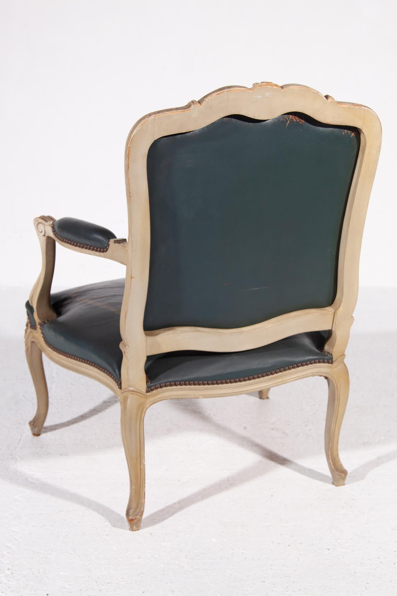 French Green Leather Louis XV Armchair, France For Sale