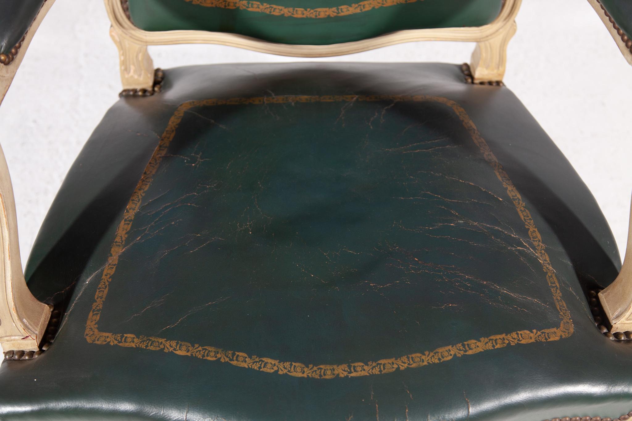 Green Leather Louis XV Armchair, France For Sale 4