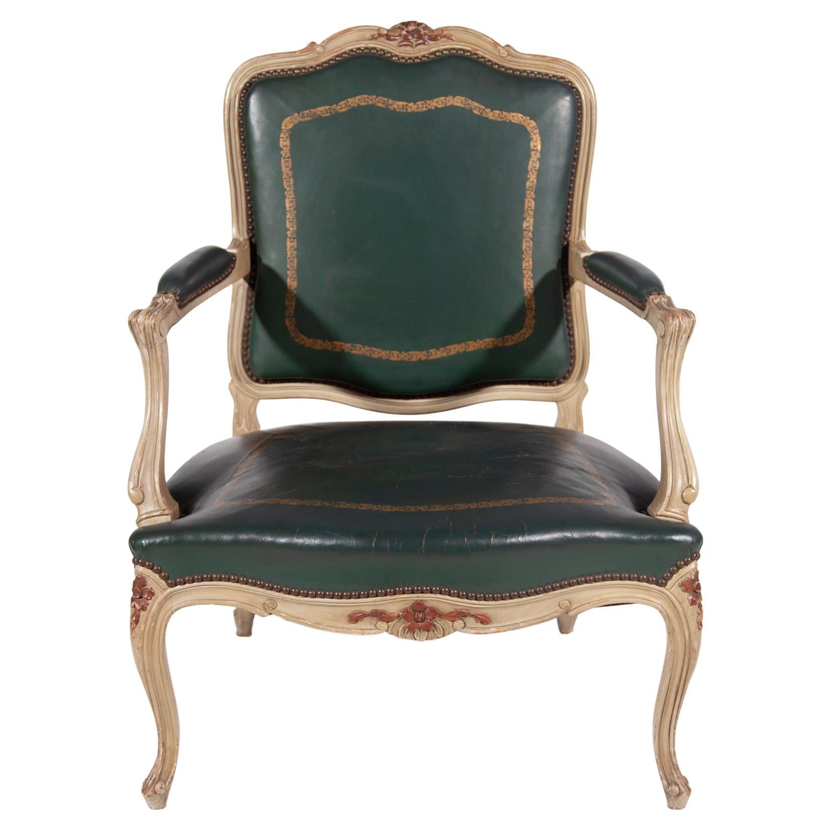 Green Leather Louis XV Armchair, France For Sale