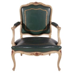 Green Leather Louis XV Armchair, France