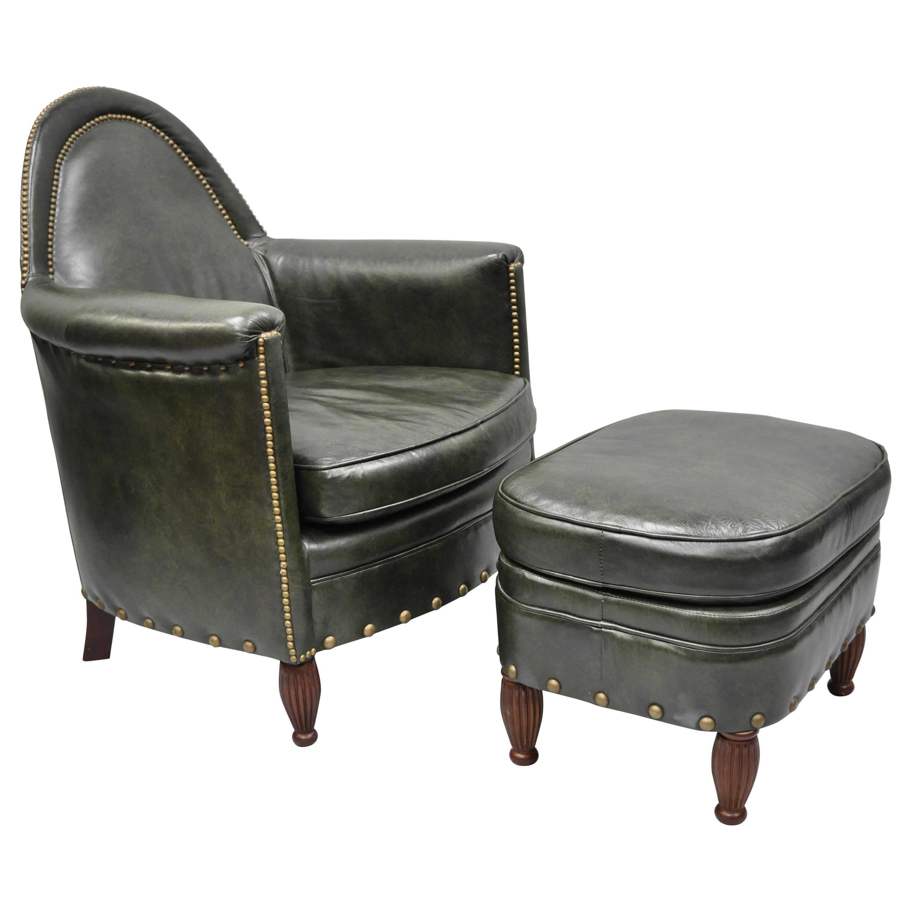 Green Leather Lounge Club Chair Armchair and Ottoman by Bradington Young