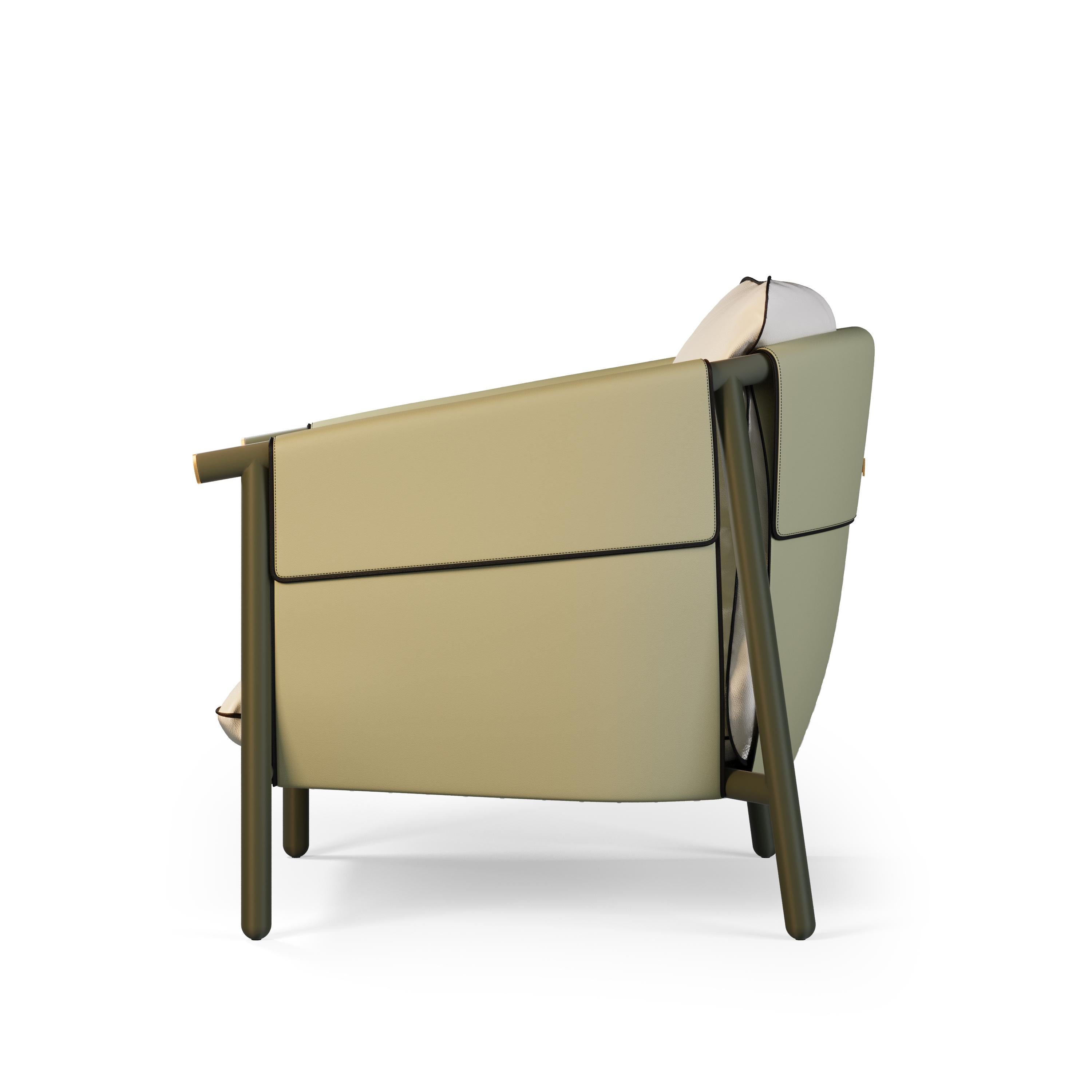 Modern Outdoor Lounge Chair Upholstered in Olive Leather For Sale