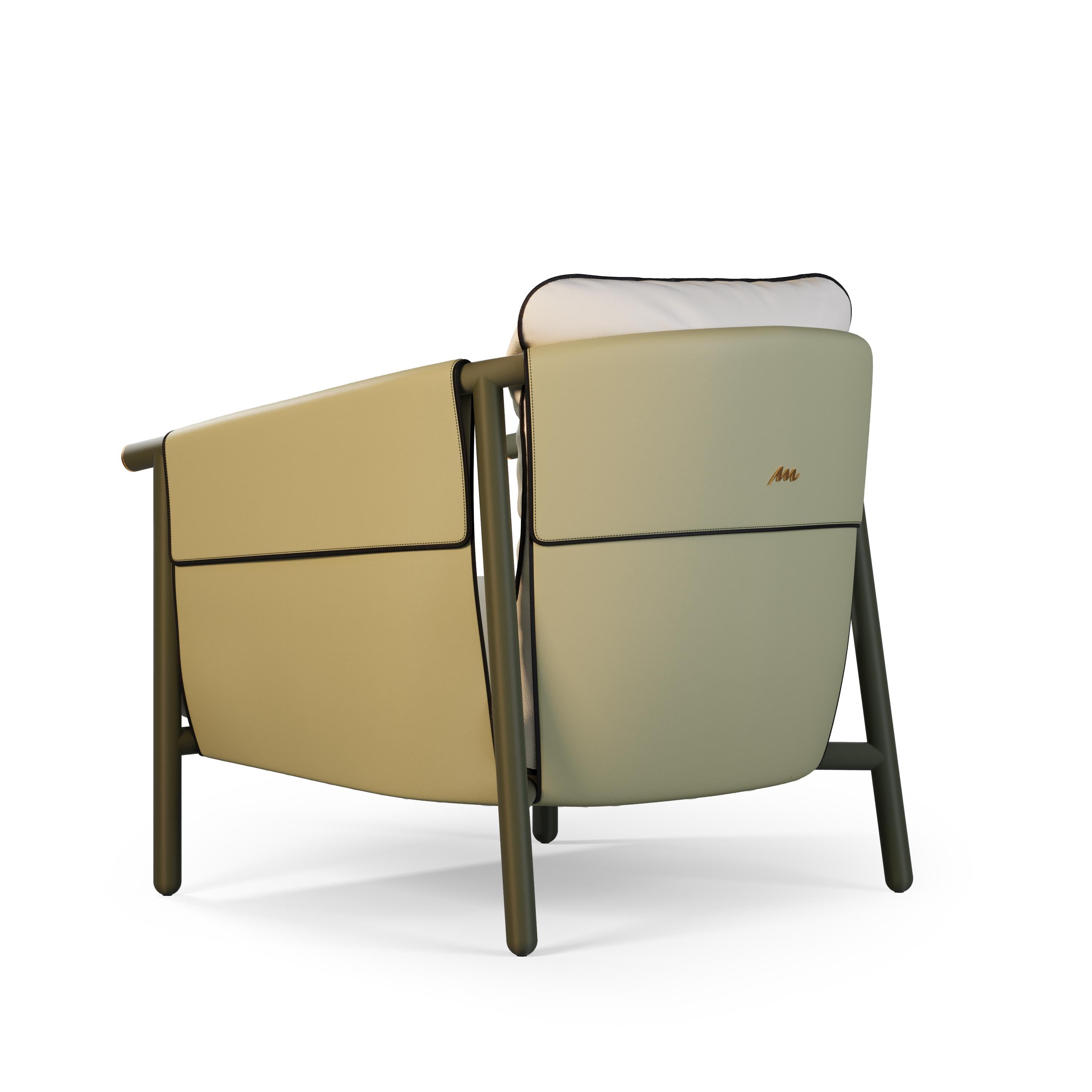 Portuguese Outdoor Lounge Chair Upholstered in Olive Leather For Sale