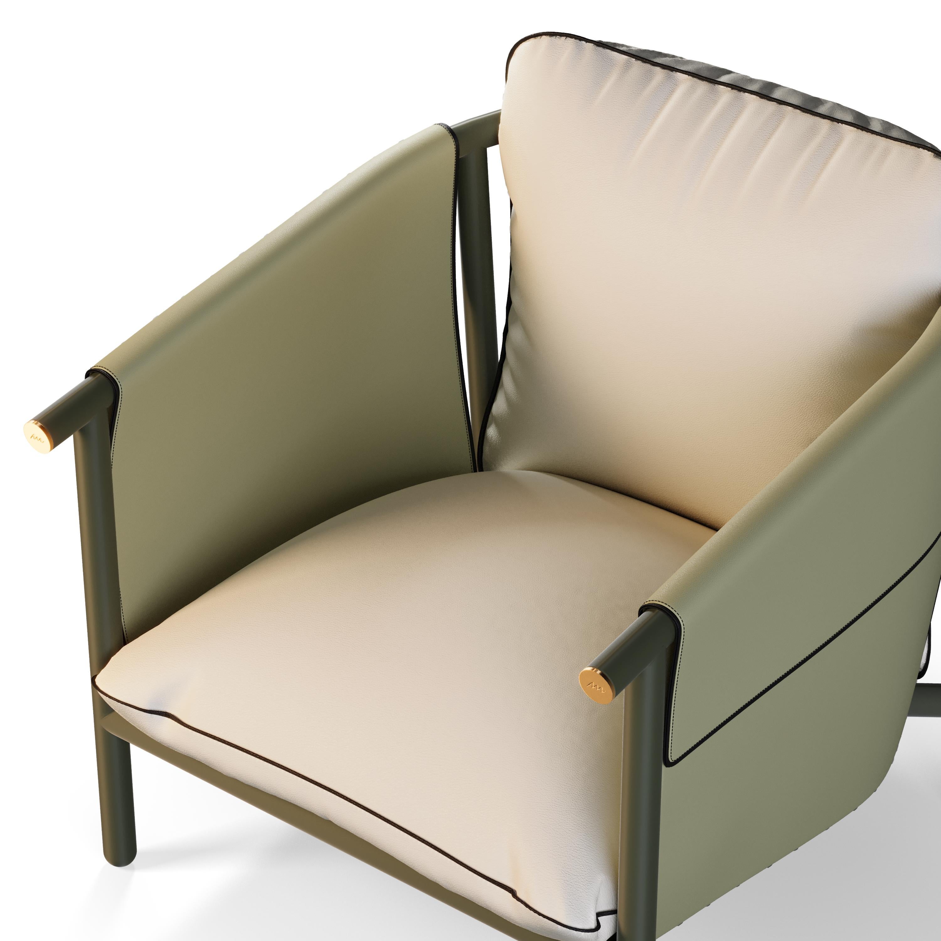 Contemporary Outdoor Lounge Chair Upholstered in Olive Leather For Sale