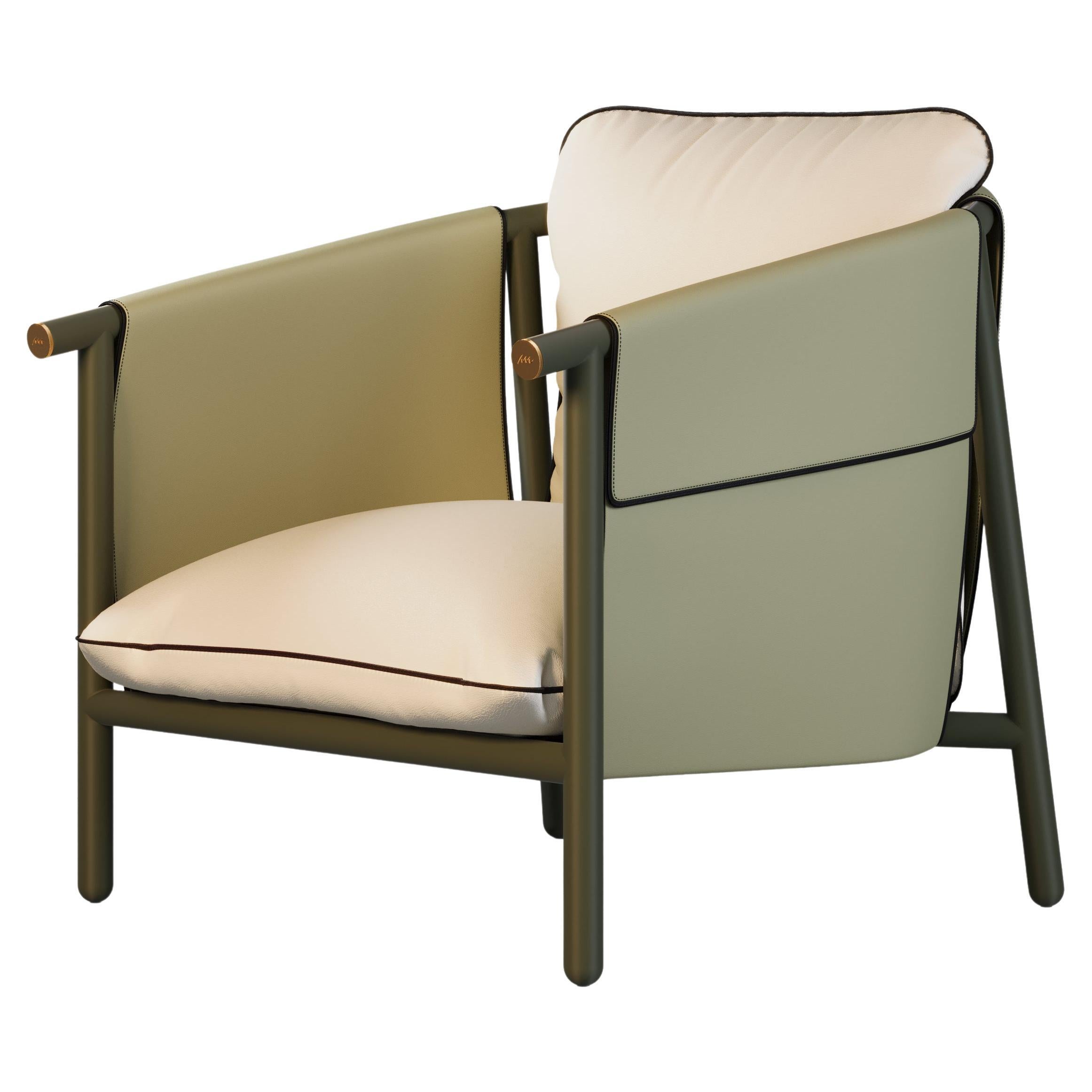 Outdoor Lounge Chair Upholstered in Olive Leather