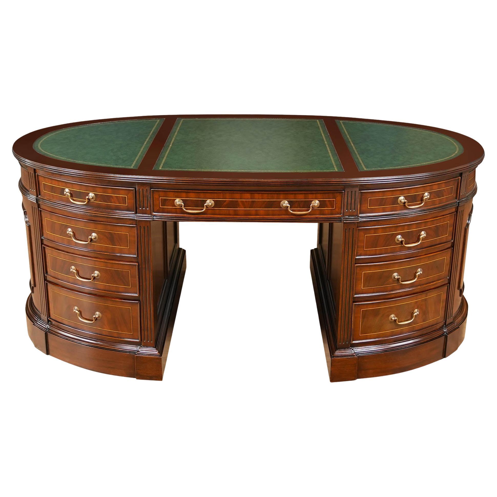 Green Leather Oval Partners Desk For Sale