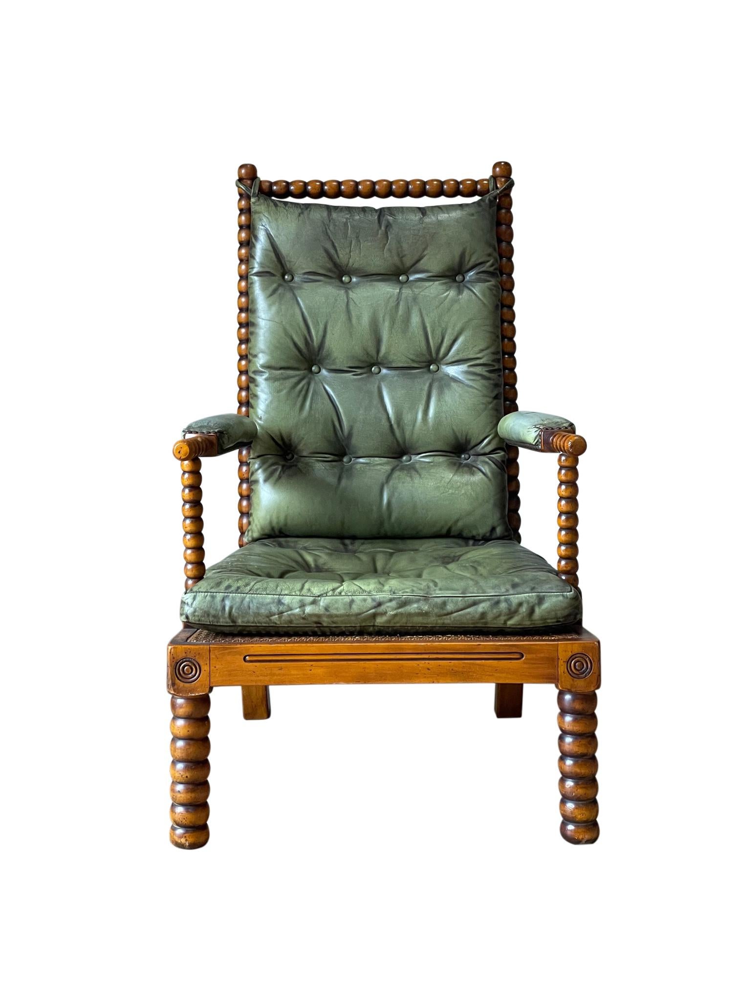 Green Leather Pair Signed Valenti Bobbin Chairs, Spain, Mid-Century In Good Condition In New York, NY
