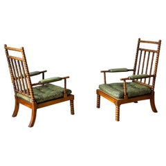 Green Leather Pair Signed Valenti Bobbin Chairs, Spain, Mid-Century