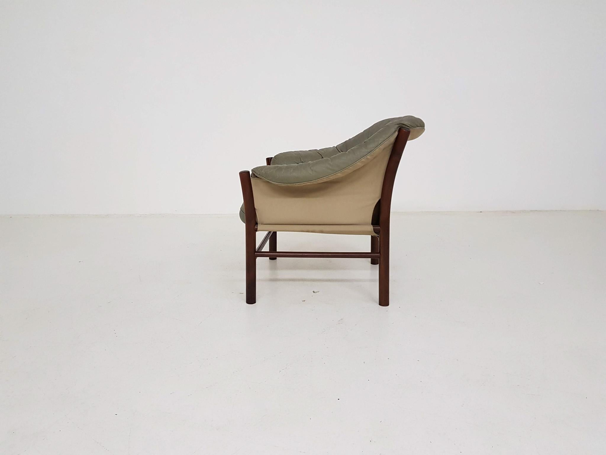 Swedish Green Leather Scandinavian Modern Lounge Chair by Göte Möbel, Sweden, 1970s
