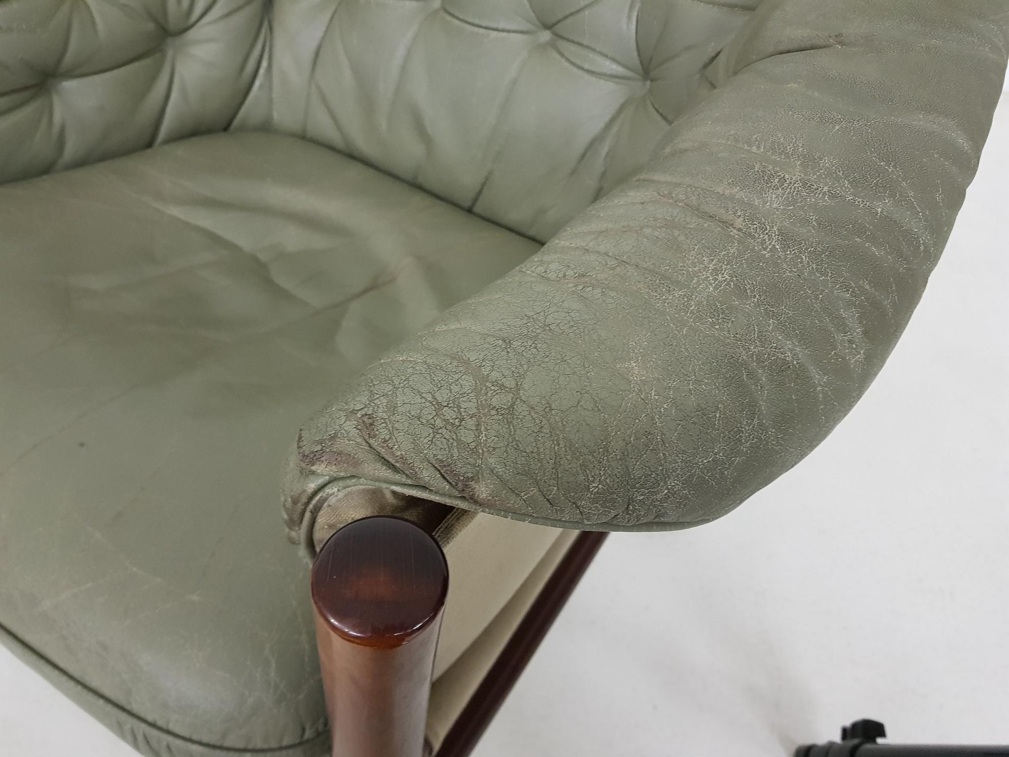 Green Leather Scandinavian Modern Lounge Chair by Göte Möbel, Sweden, 1970s 2