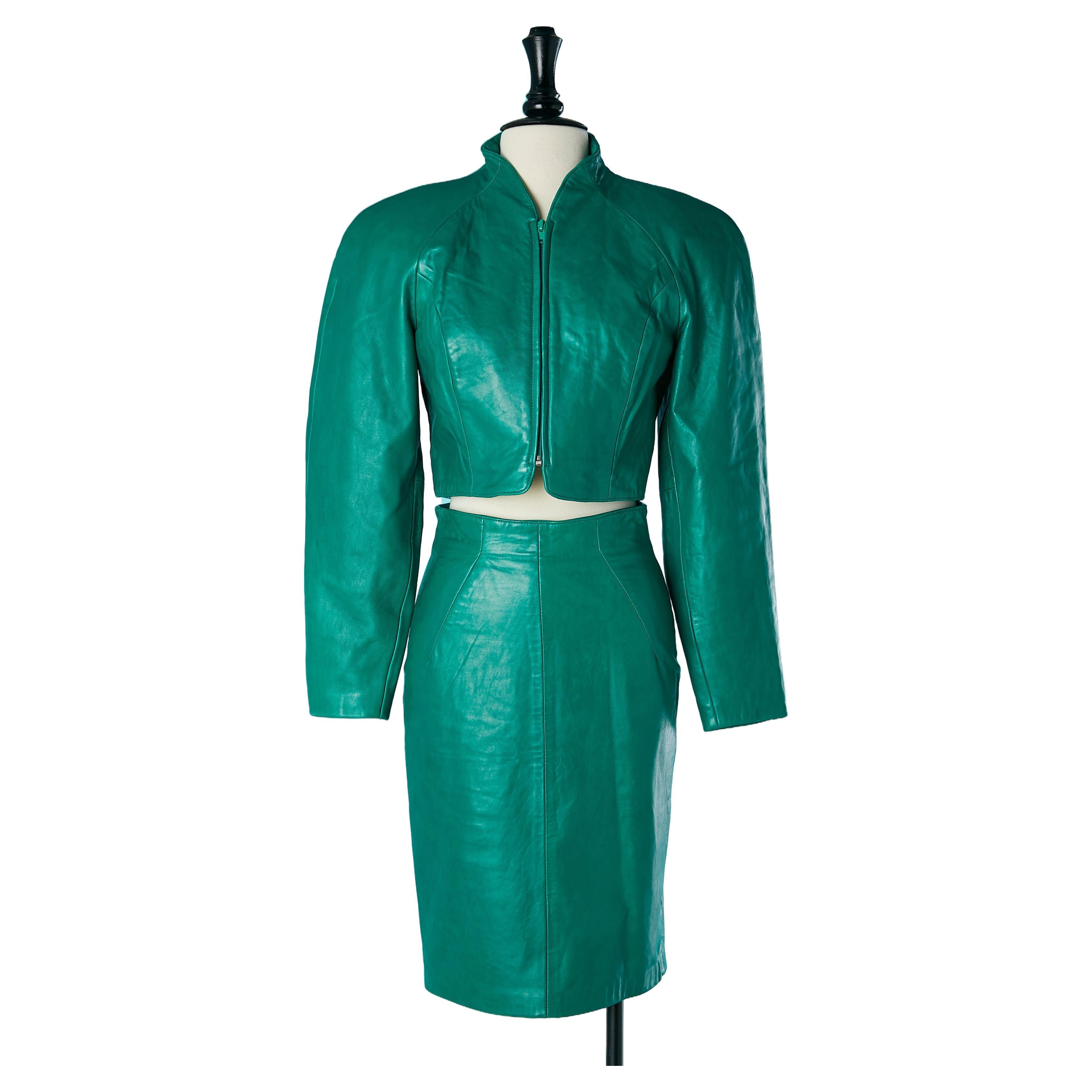 Green leather skirt-suit Michael Hoban North Beach Leather  For Sale