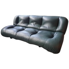 Green Leather Sofa, circa 1970, Italy