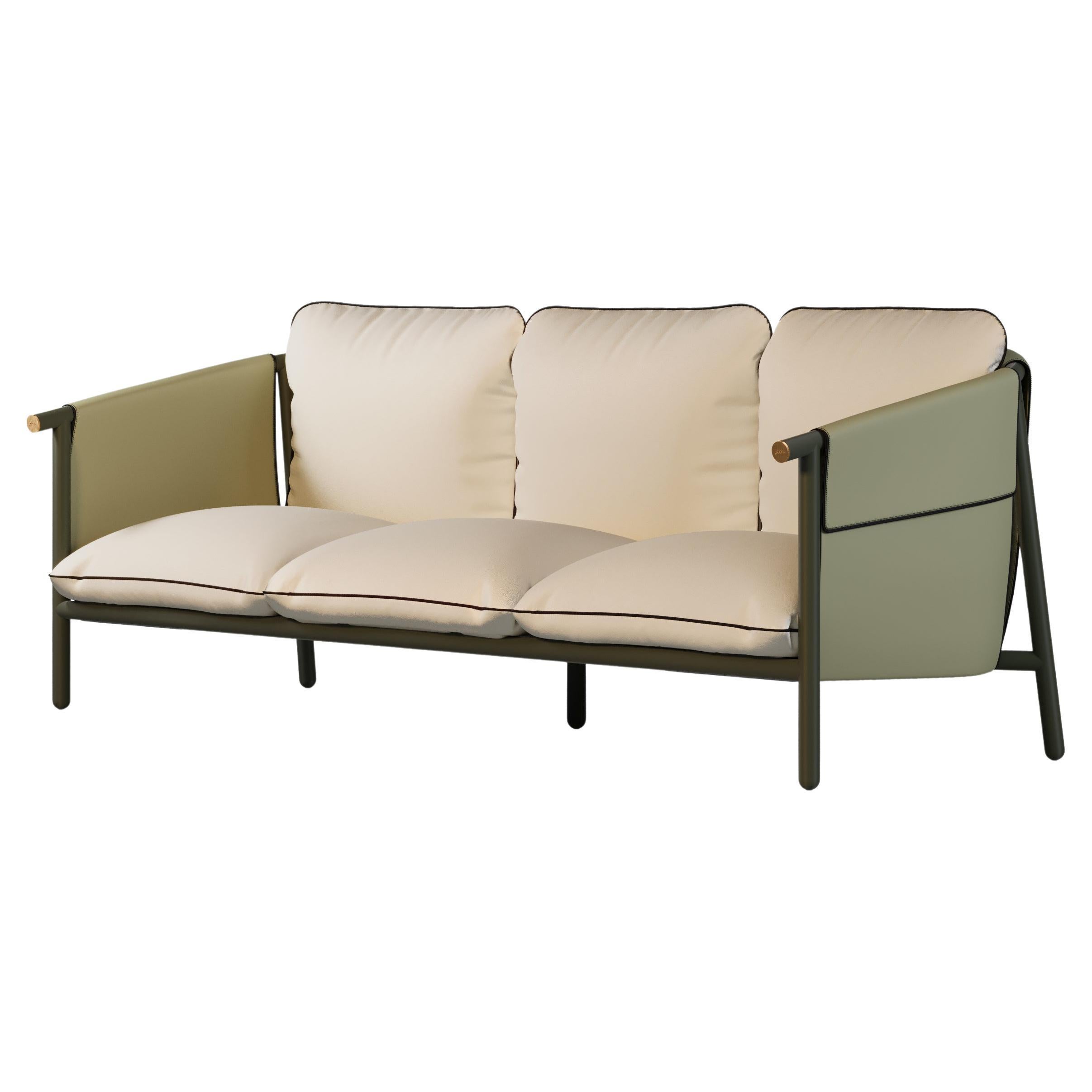 Outdoor Sofa Upholstered in Olive Leather