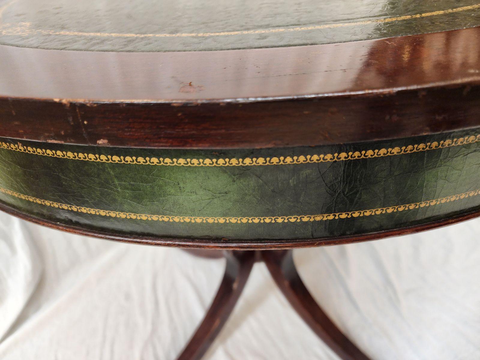 Beautiful and Unique Antique Vintage Green Leather Top Large Drum Table, Duncan Phyfe Style, Base with Brass paw feet, on casters