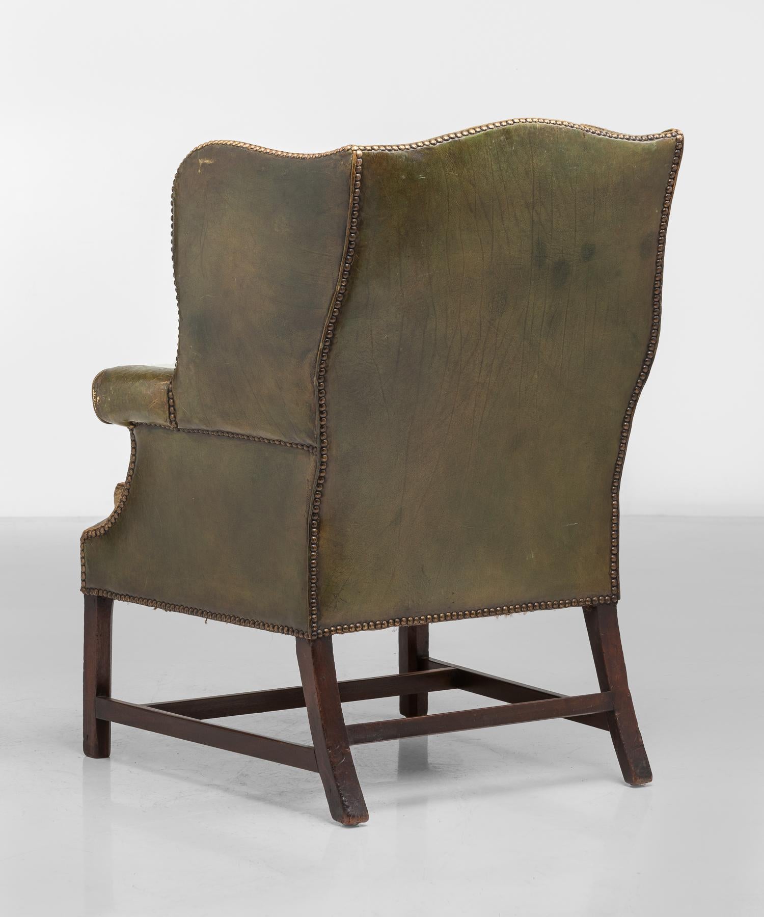 English Green Leather Wingback Chair, England, circa 1920