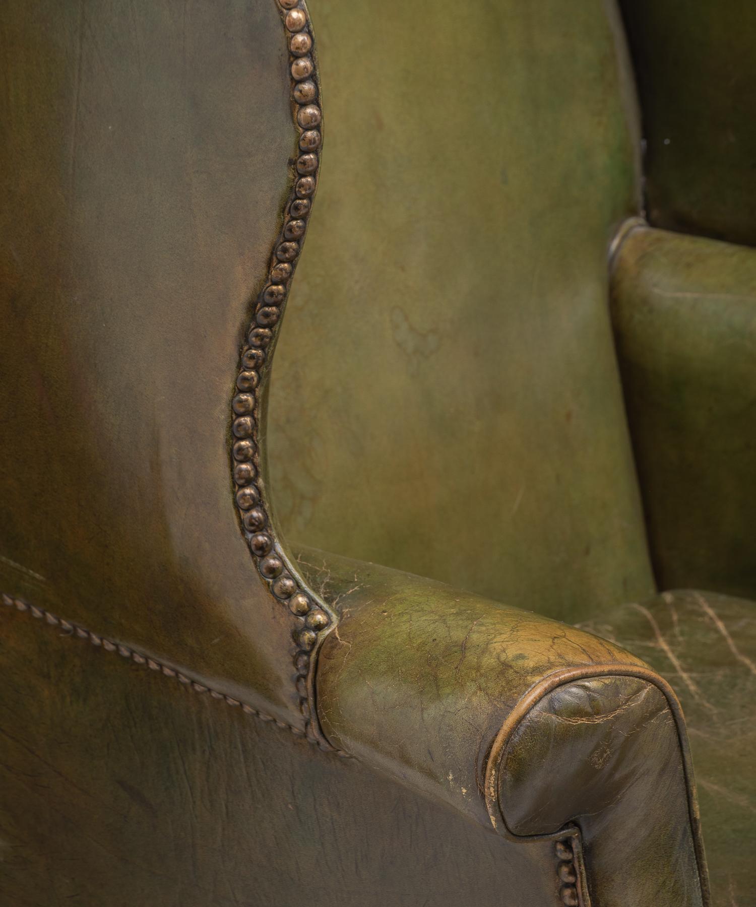 Green Leather Wingback Chair, England, circa 1920 In Good Condition In Culver City, CA