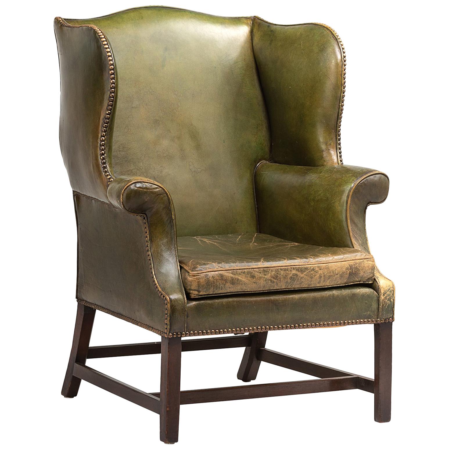 Green Leather Wingback Chair, England, circa 1920