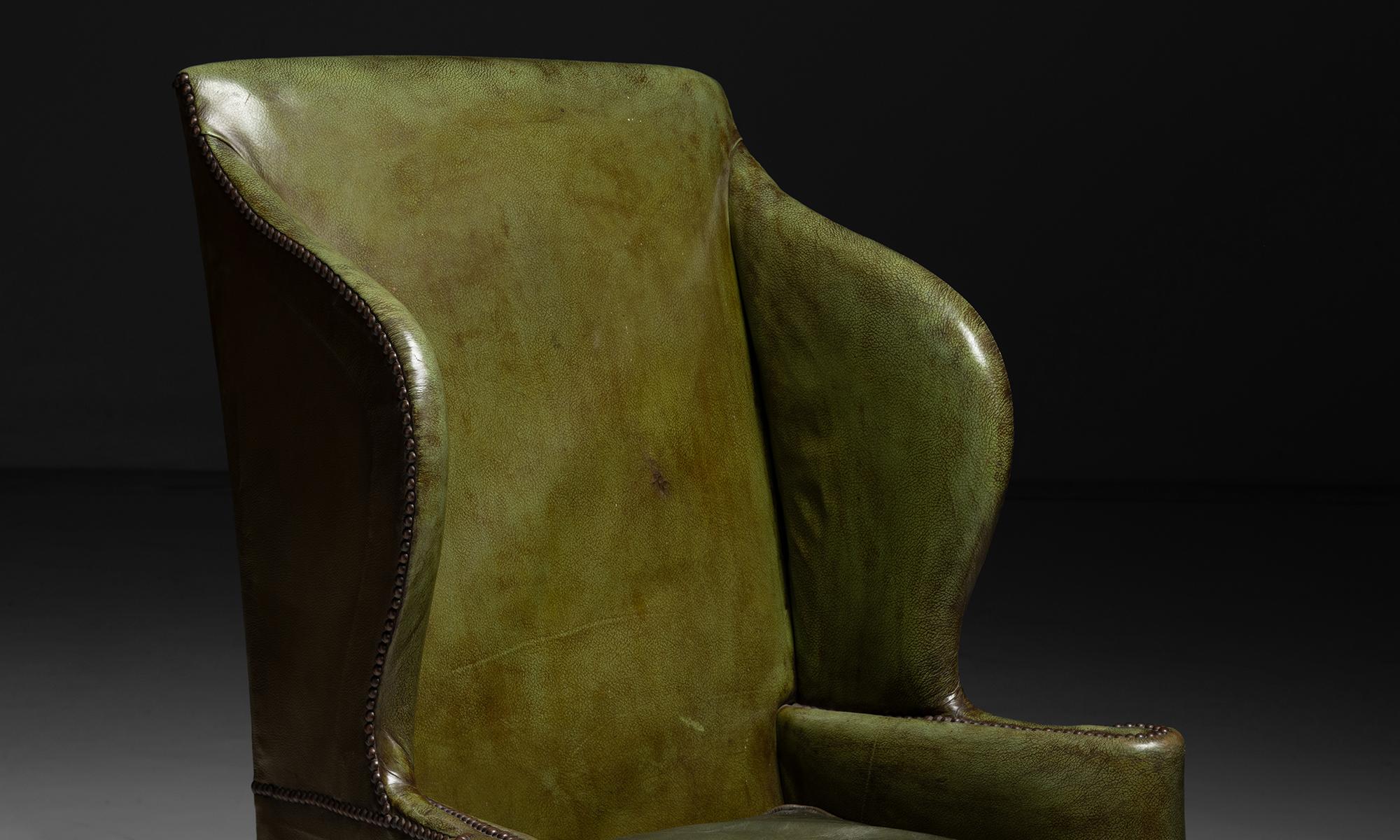 English Green Leather Wingback, England circa 1900 For Sale