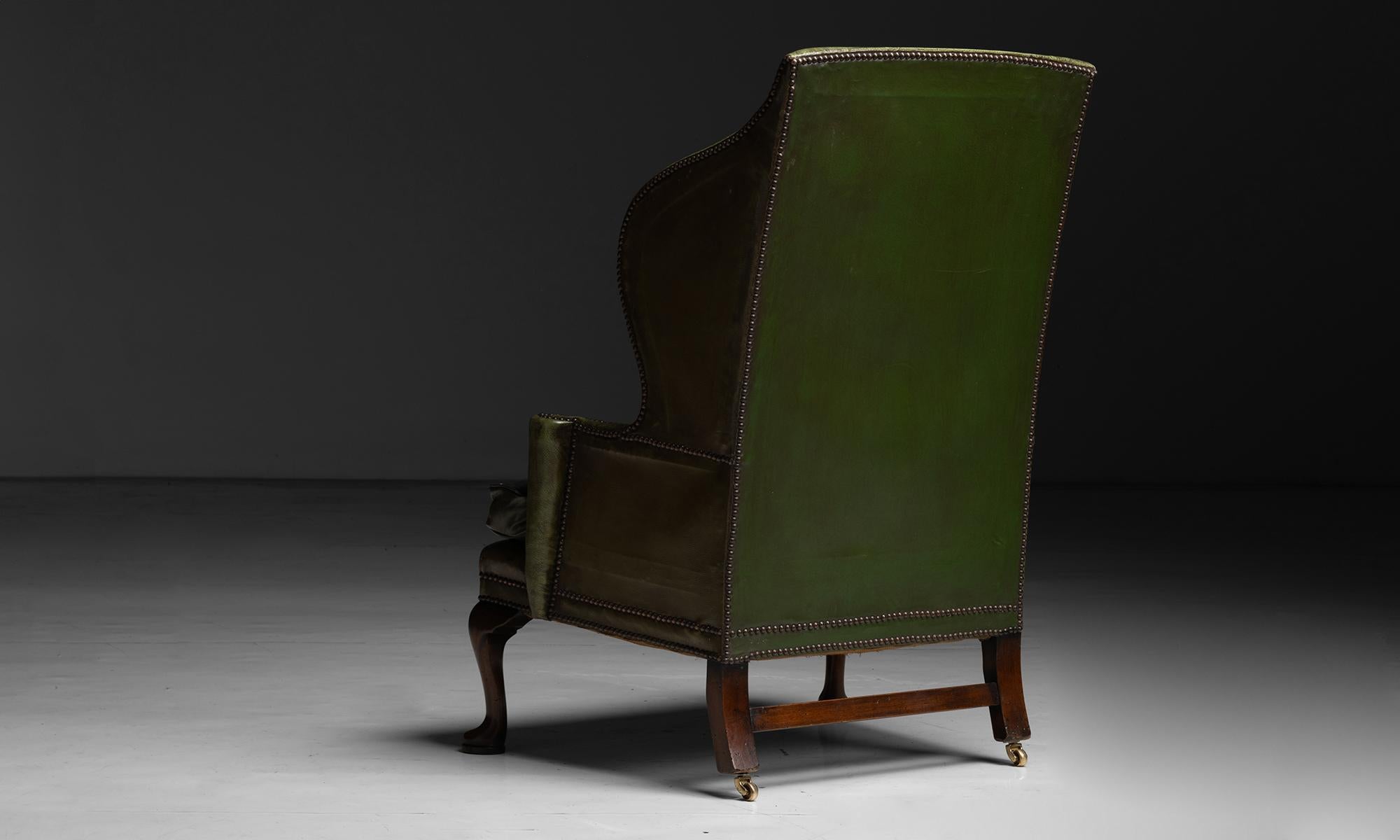 20th Century Green Leather Wingback, England circa 1900 For Sale