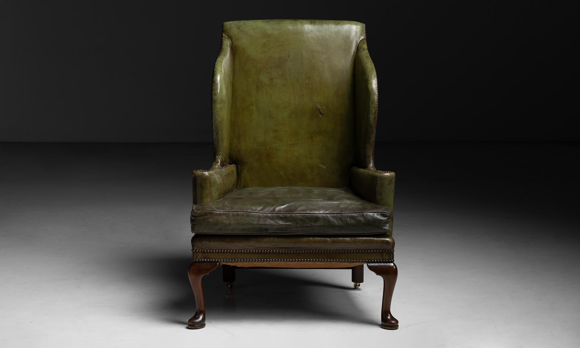 Green Leather Wingback, England circa 1900 For Sale 1