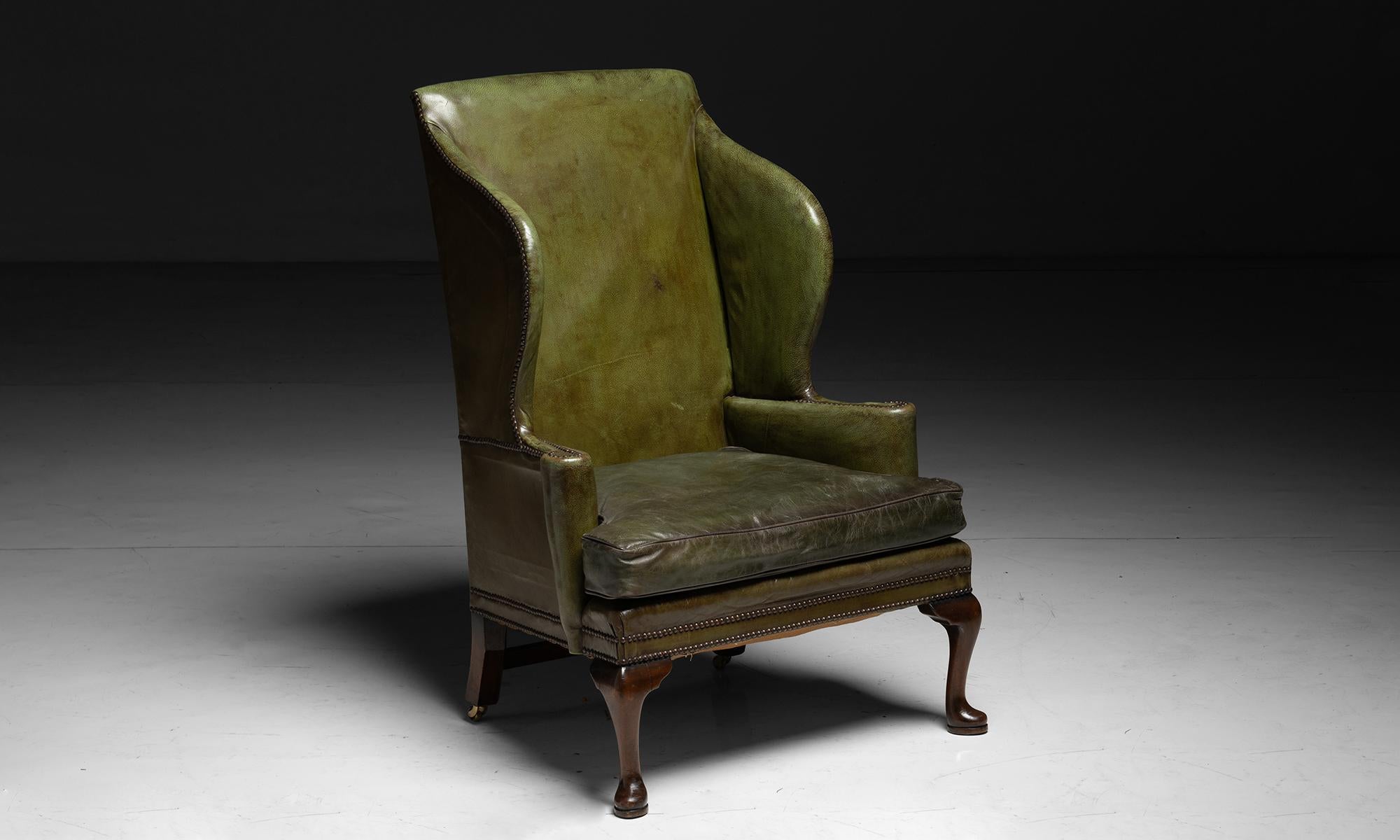 Green Leather Wingback, England circa 1900 For Sale 2