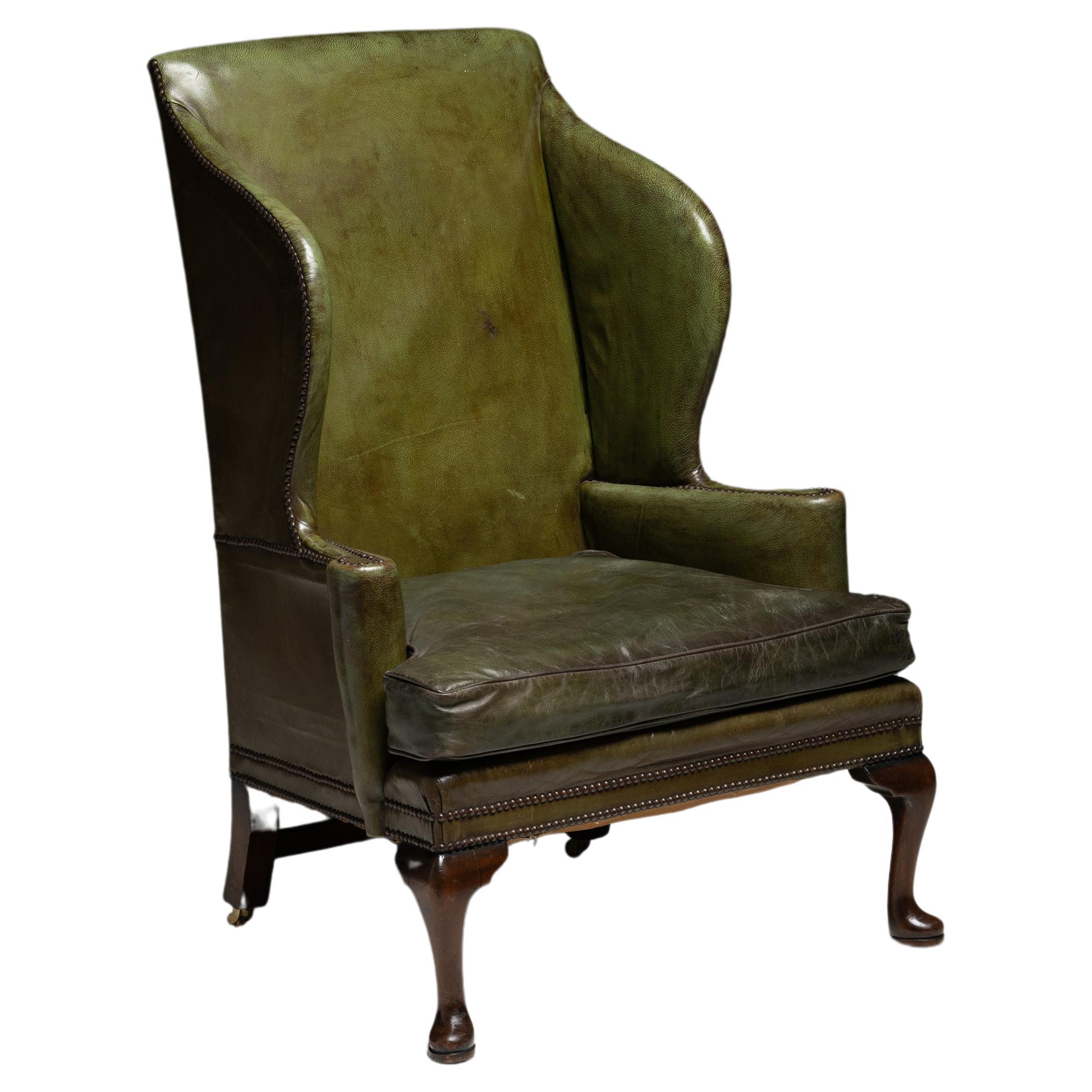 Green Leather Wingback, England circa 1900 For Sale