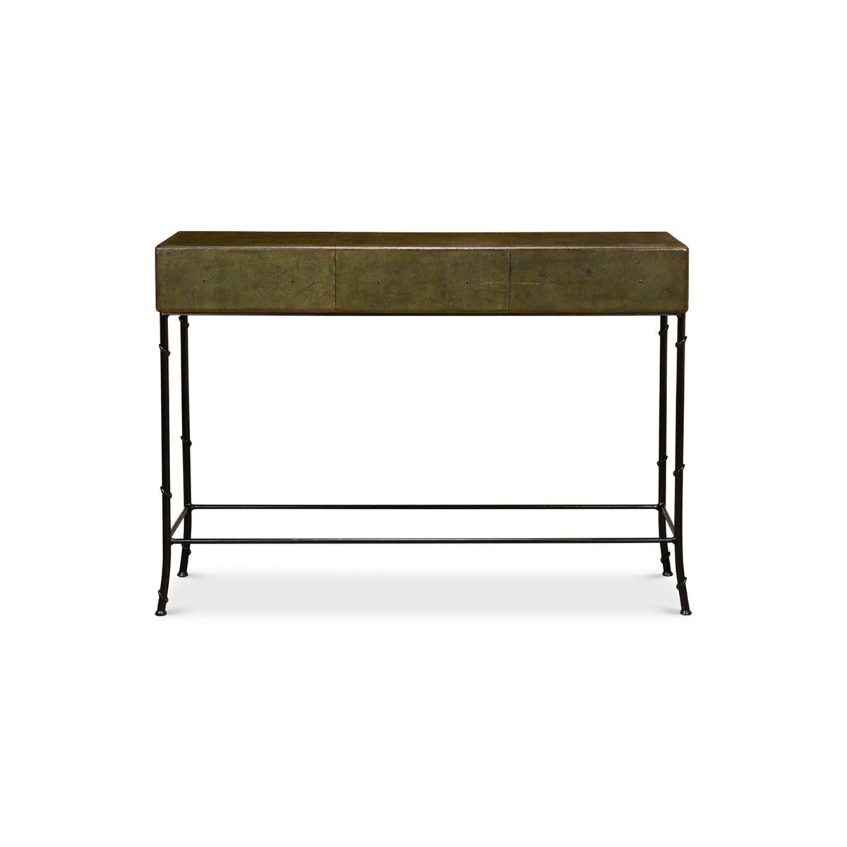 Green Leather Wrapped Modern Console Table In New Condition In Westwood, NJ