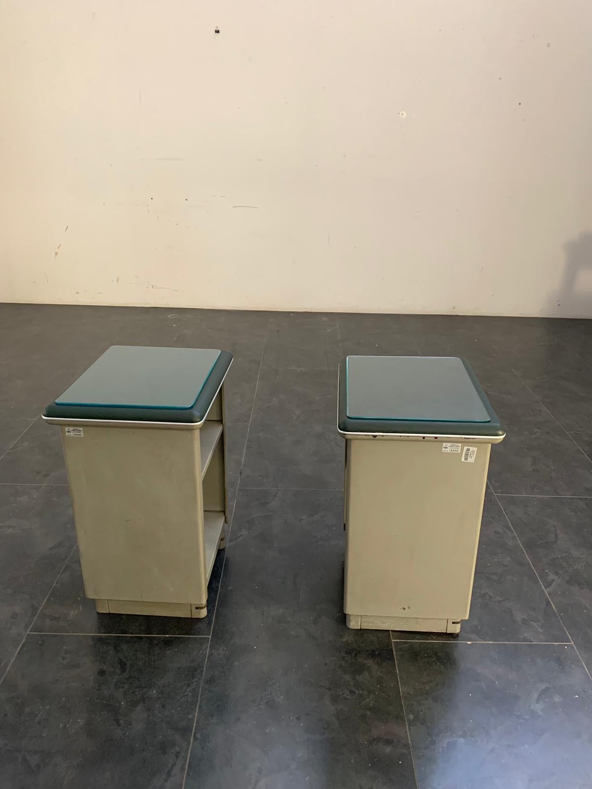 Italian Green Leatherette and Metal Cabinets, 1960s, Set of 2 For Sale