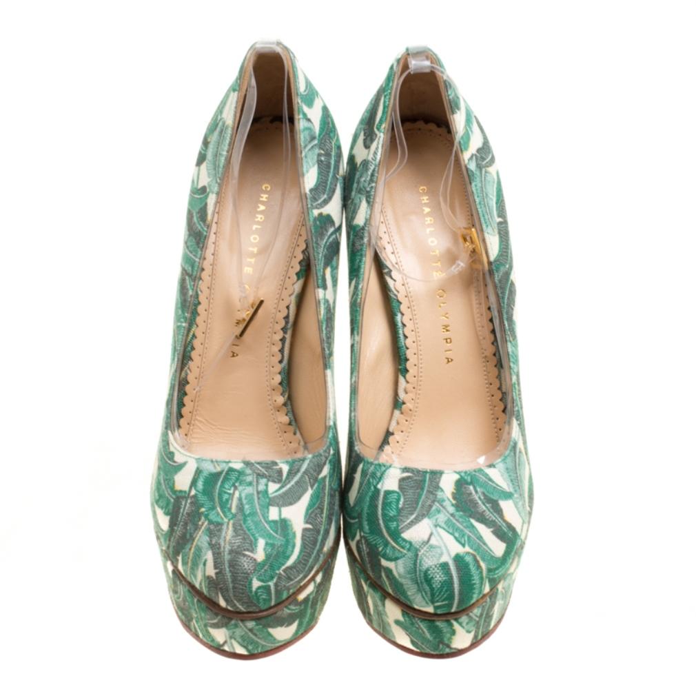 Gray Green Leaves Printed Canvas and PVC Mabel Platform Pumps Size 39