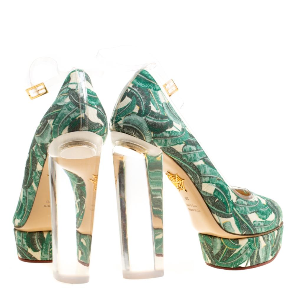 Women's Green Leaves Printed Canvas and PVC Mabel Platform Pumps Size 39