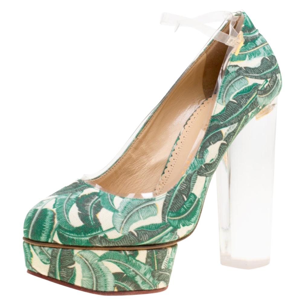 Green Leaves Printed Canvas and PVC Mabel Platform Pumps Size 39