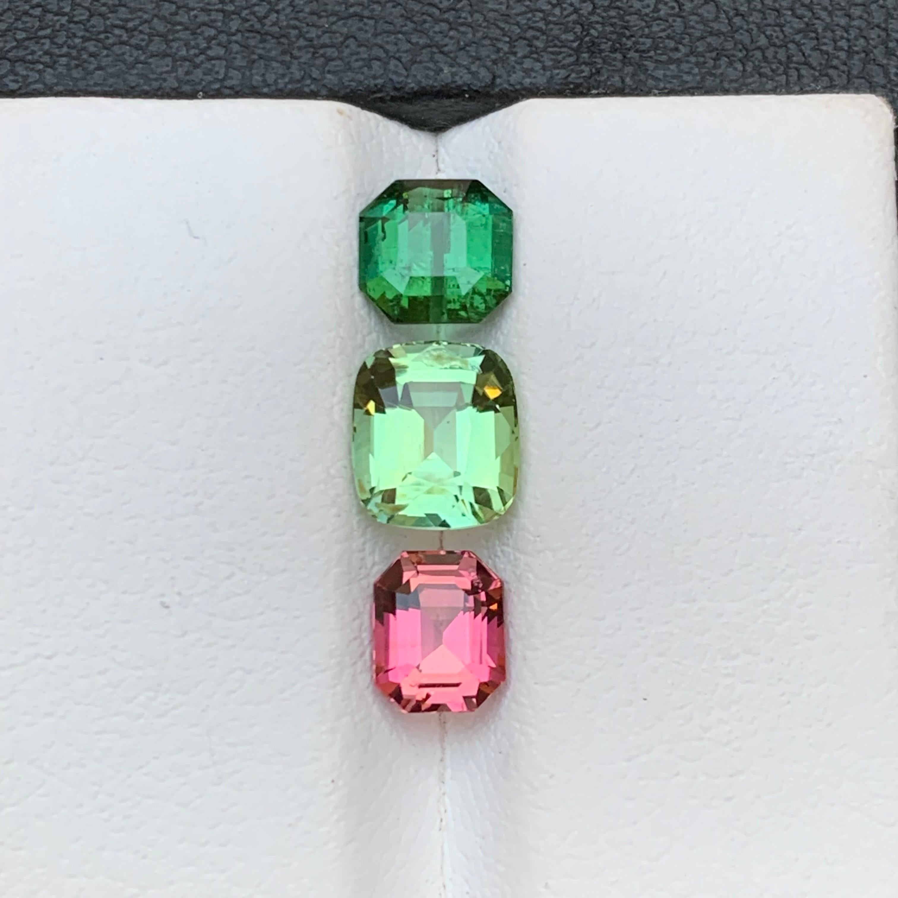Cushion Cut Green, Light Pale Green, & a Pink Natural Tourmaline Loose Gemstones 3.70 Carat For Sale