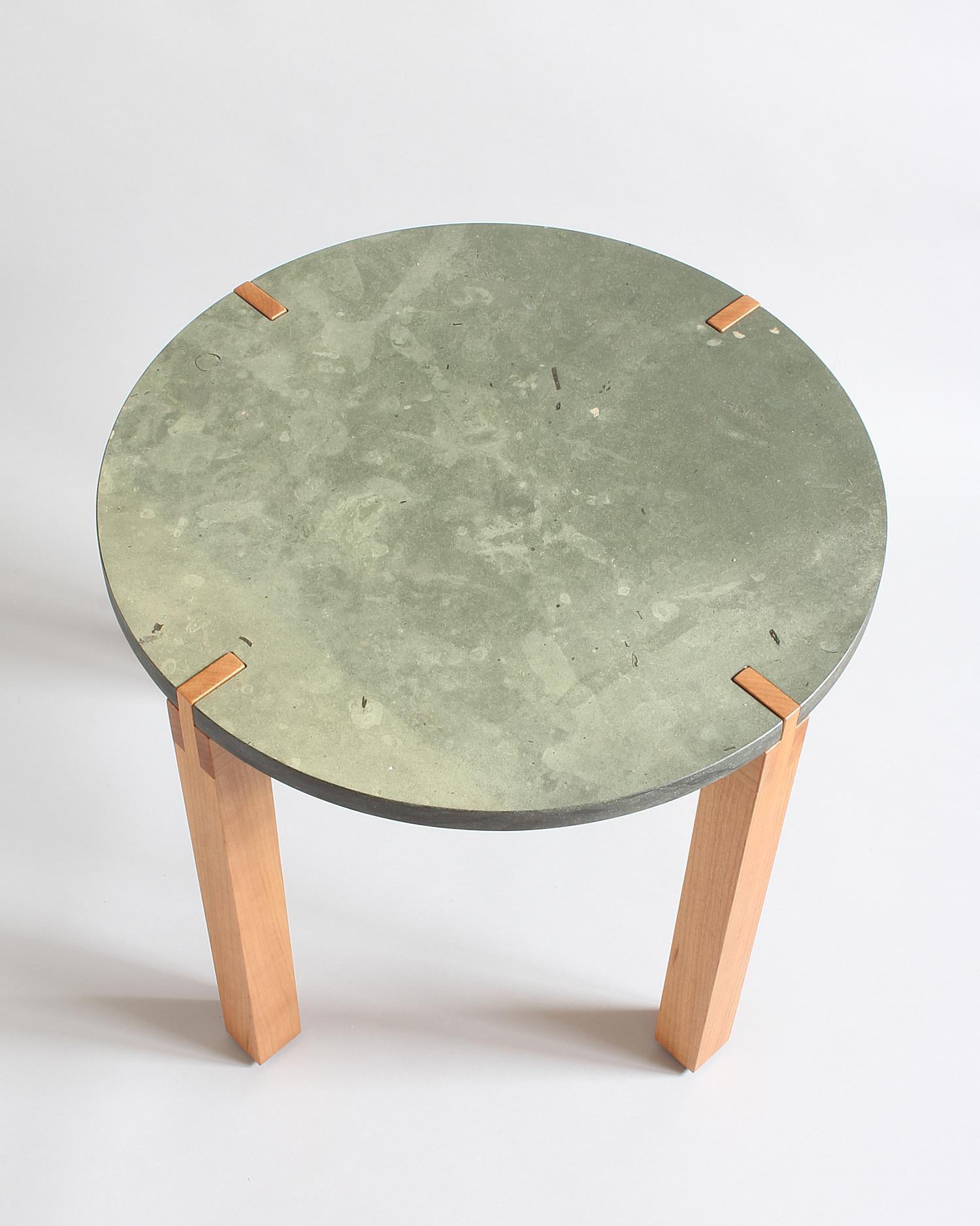 Minimalist Green Limestone and Cherry Side Table by Elliott Marks For Sale